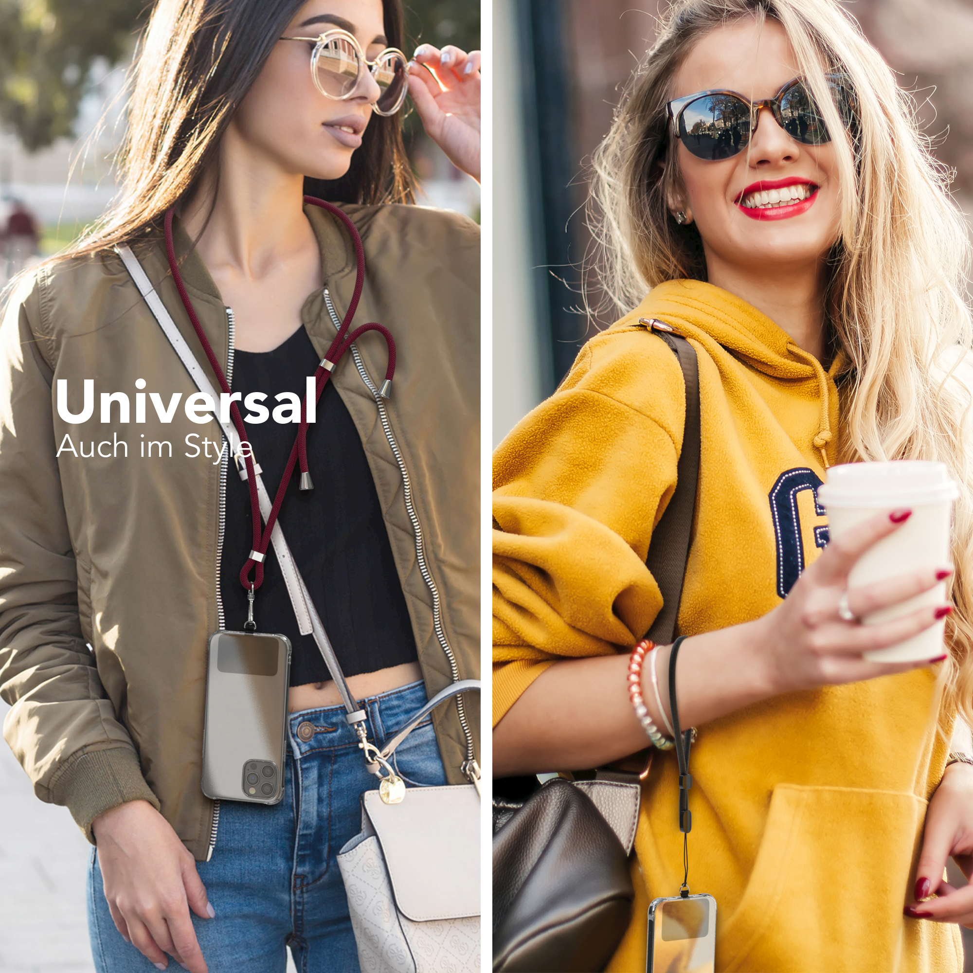 Zwei Frauen mit Handy-Lanyards. Eine trägt eine braune Jacke, die andere einen gelben Hoodie. Weißer Hintergrund.