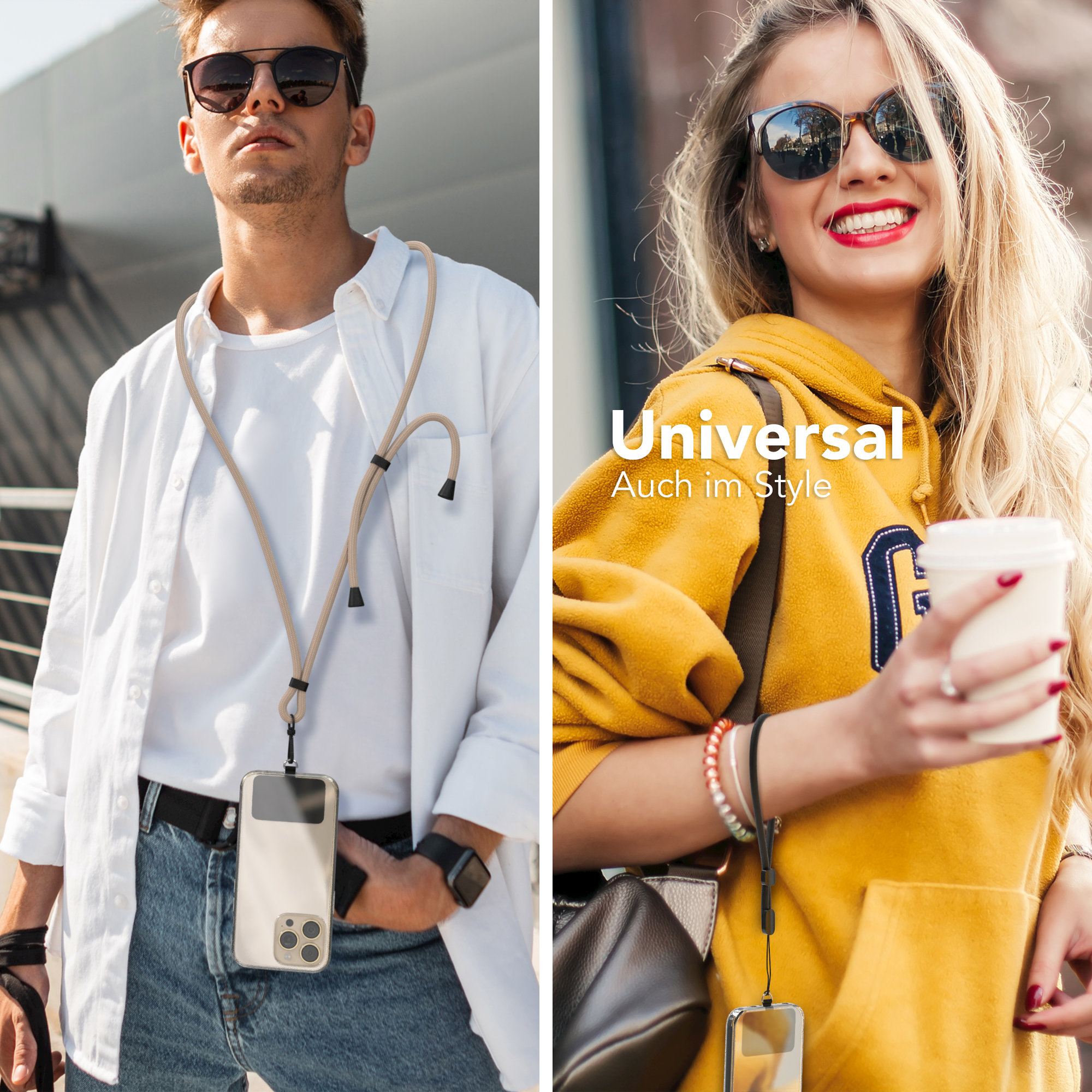 Zwei Personen mit Handy-Lanyards, eine im weißen Hemd, eine im gelben Hoodie.