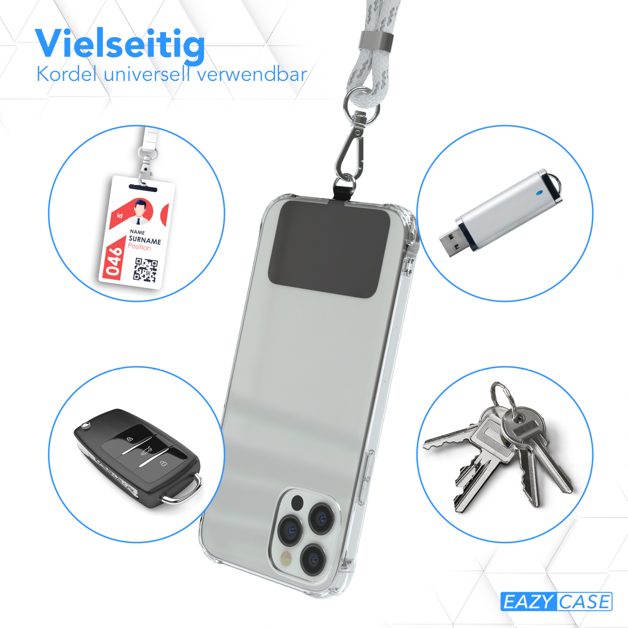 Handyhülle mit Zubehör: Ausweis, USB-Stick, Schlüssel und Autoschlüssel.