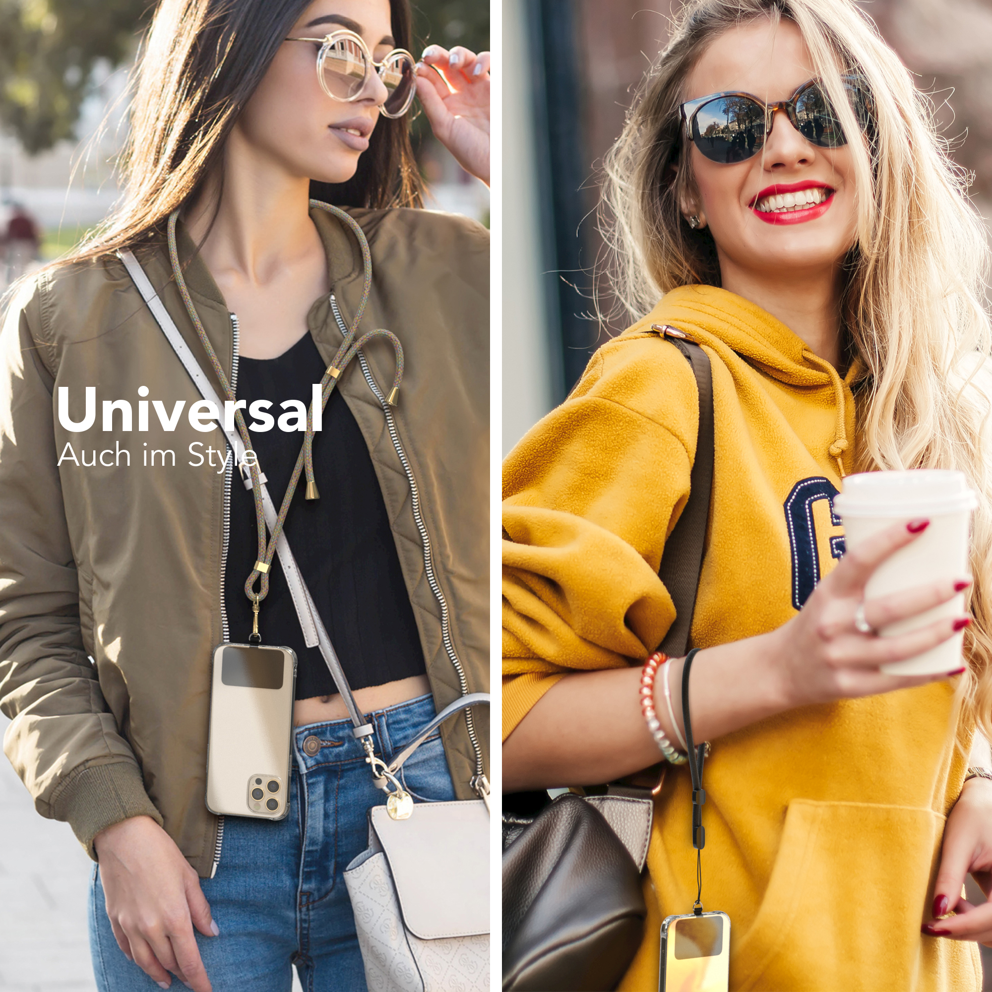 Zwei Frauen mit Handys an Lanyards; eine mit Sonnenbrille, eine mit Kaffeetasse.