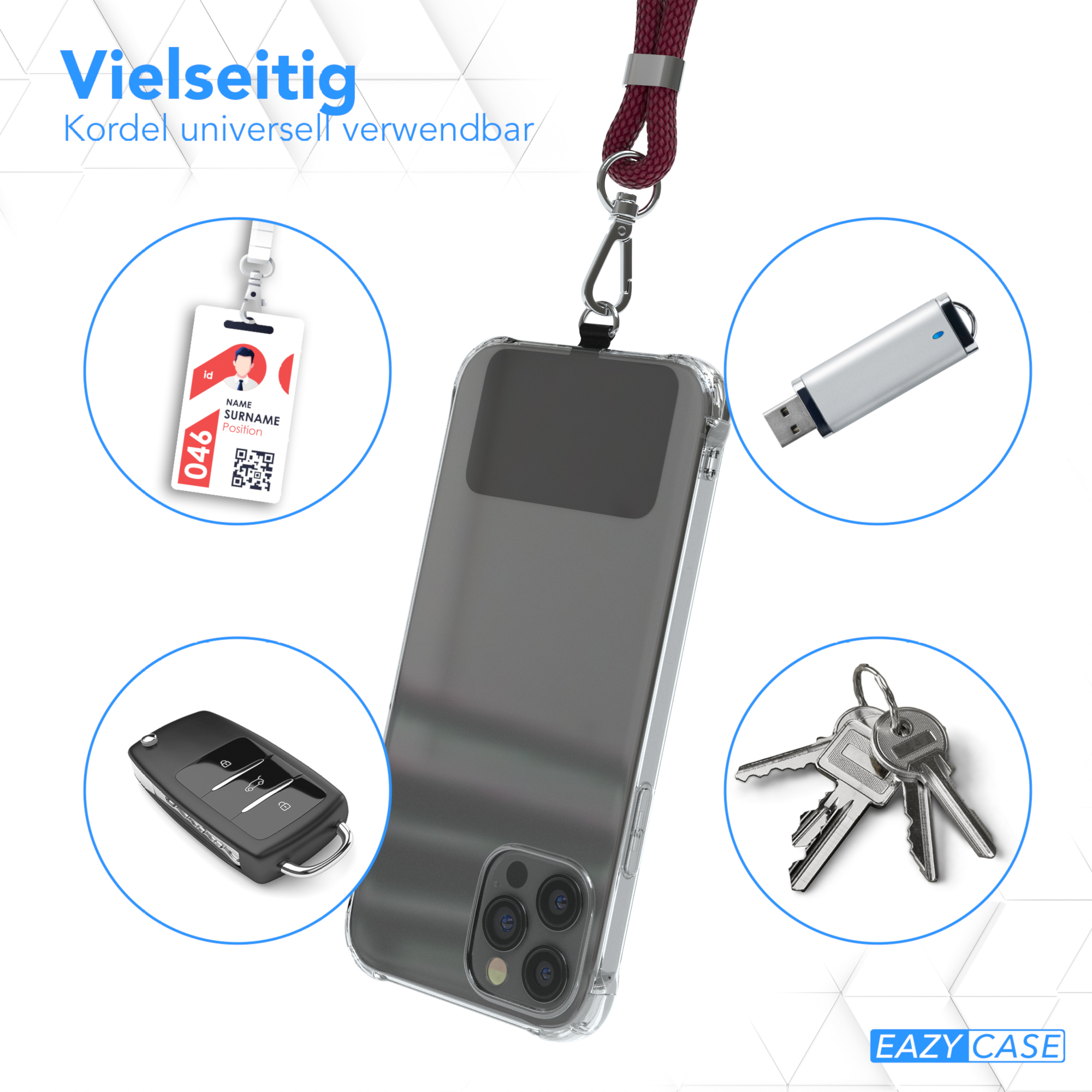 Transparente Handyhülle, Schlüsselband mit Ausweis, Schlüssel, USB-Stick, um ein Telefon.