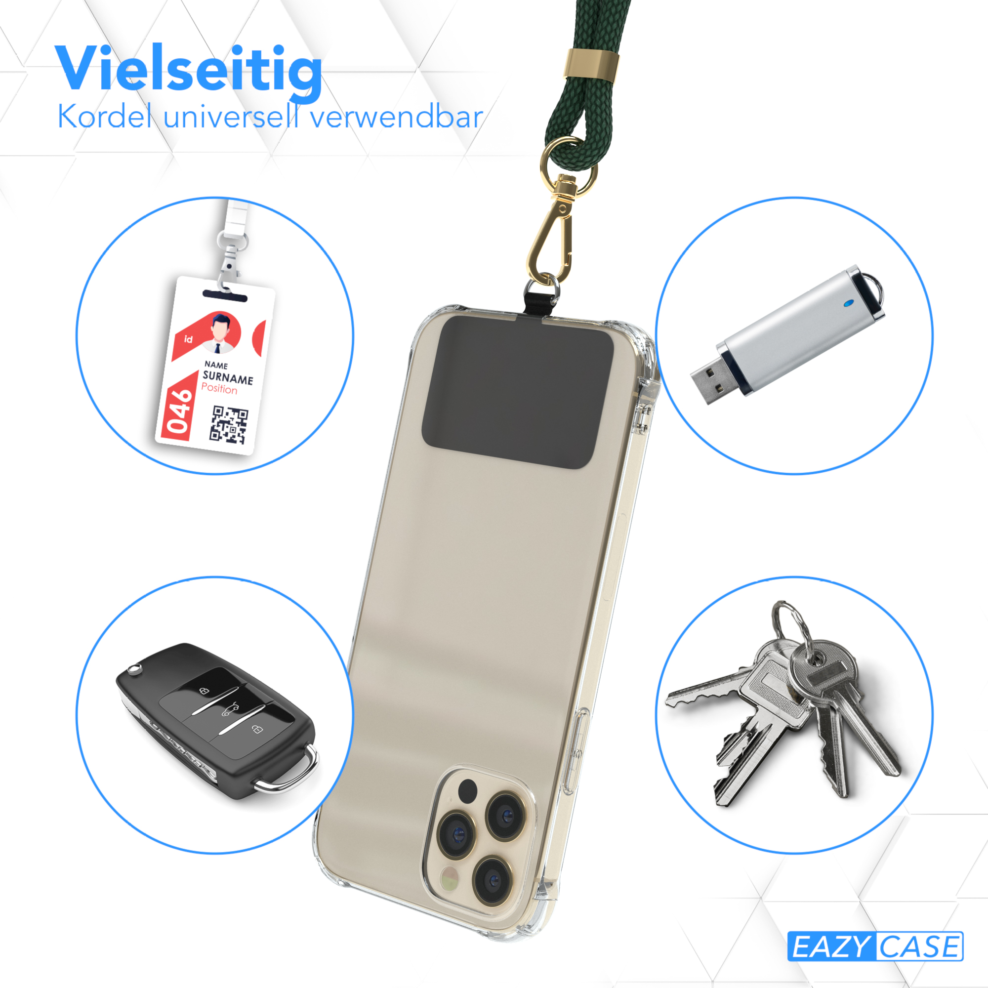 Handyhülle mit verschiedenen Gegenständen drumherum. Schlüssel, USB und ein Lanyard mit Ausweis.