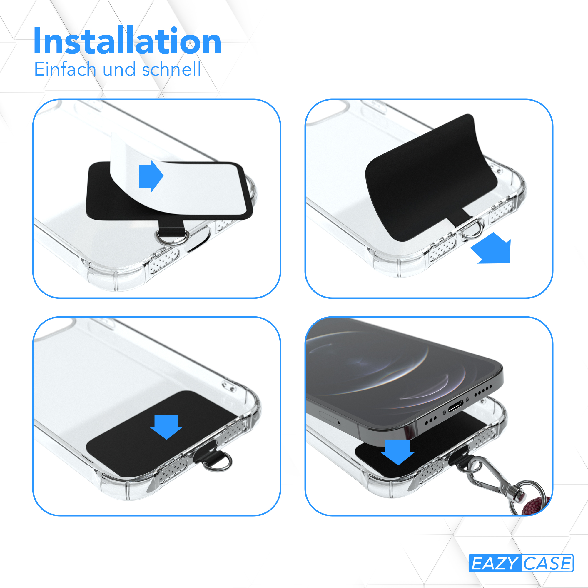 Klare Handyhüllen-Installationsschritte. Ein Telefon wird mit einem schwarzen Einsatz eingesetzt.