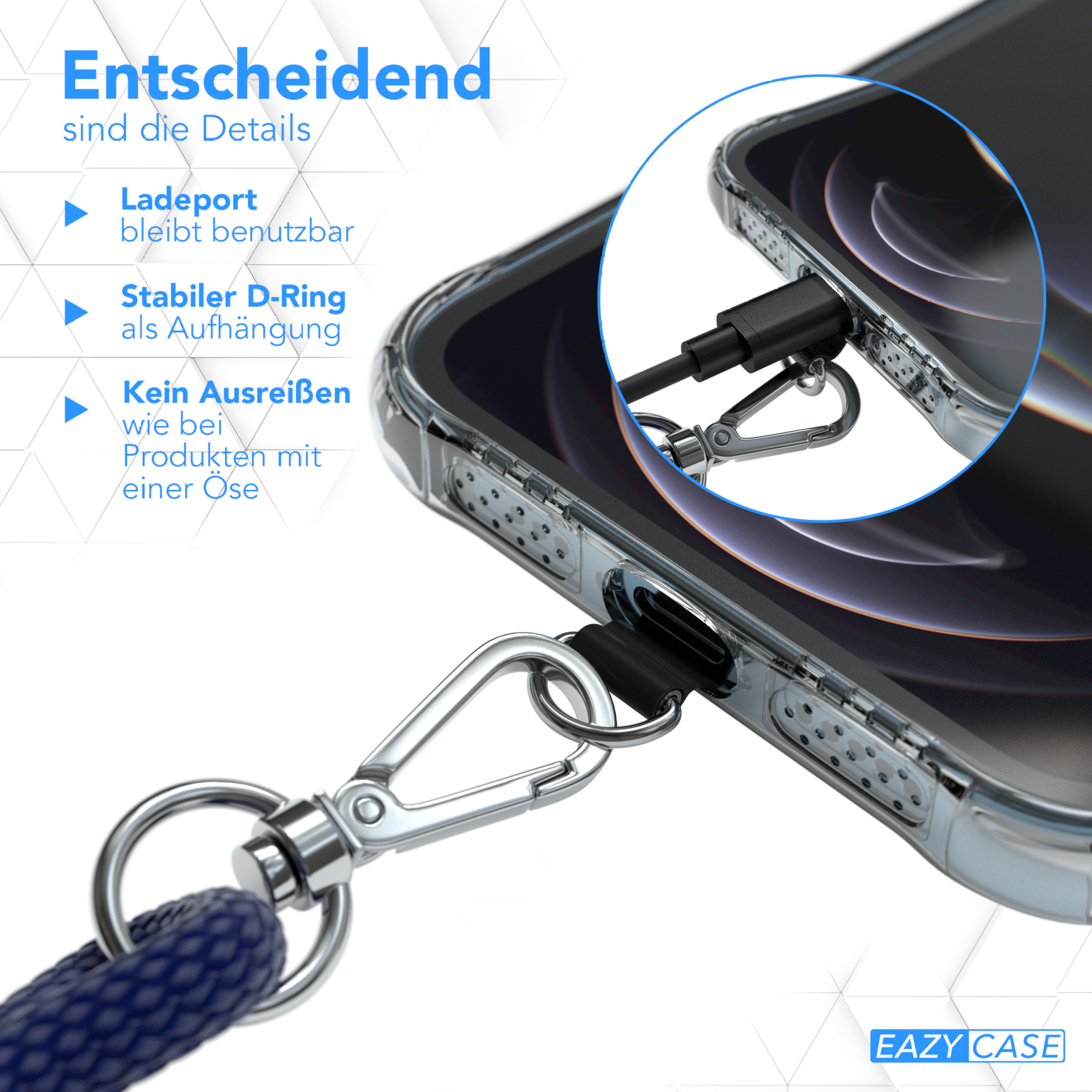Handyhülle mit Lanyard. Text beschreibt Funktionen. Detailaufnahme des Telefons.