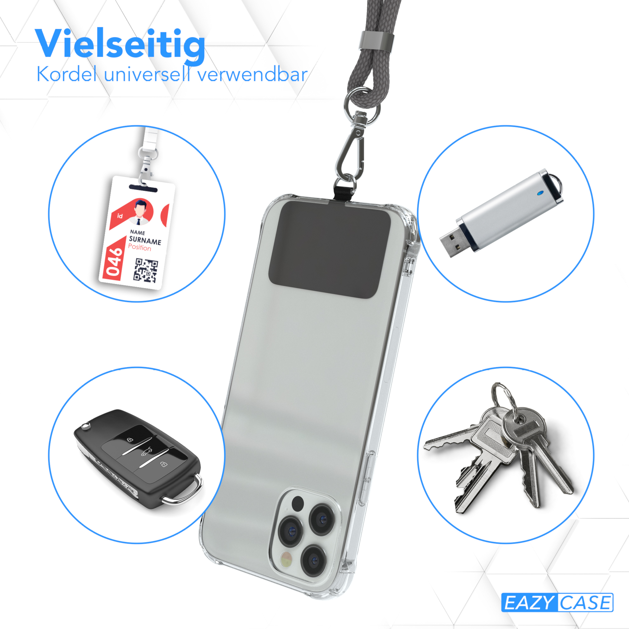 Eine Handyhülle mit Zubehör: USB-Stick, Schlüssel und Ausweis. Es hat ein Schlüsselband.