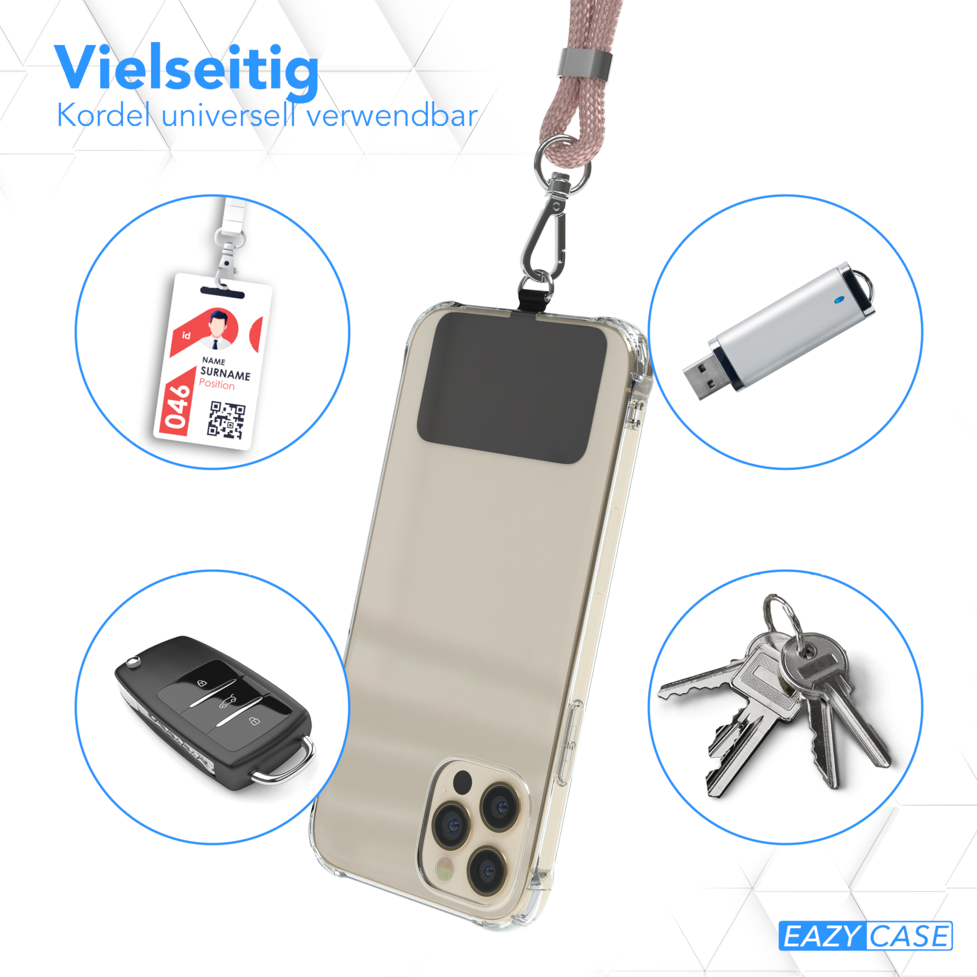Transparente Handyhülle mit Zubehör: Ausweis, USB-Stick, Schlüssel, Autoschlüssel.