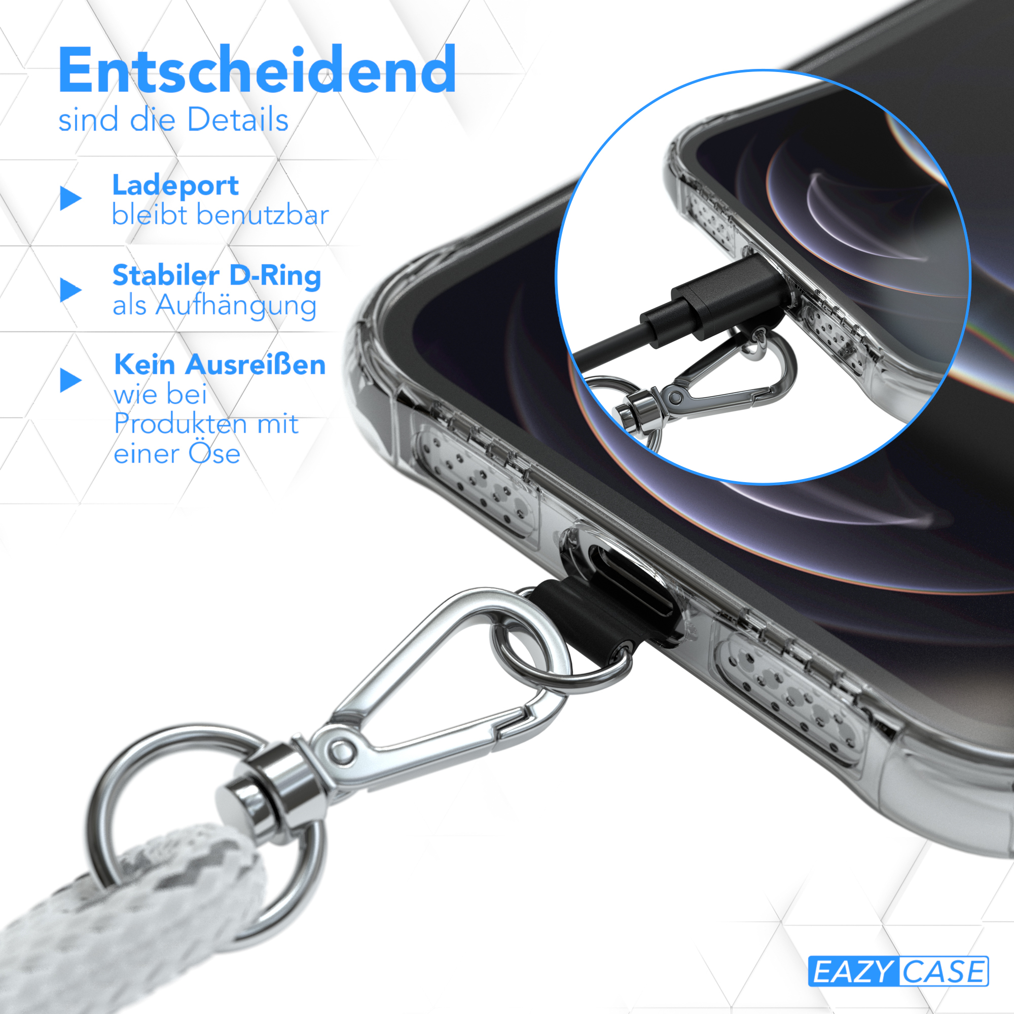 Nahaufnahme einer Handyhülle mit angebrachtem Lanyard, zeigt das D-Ring-Detail, mit Text über Funktionen.