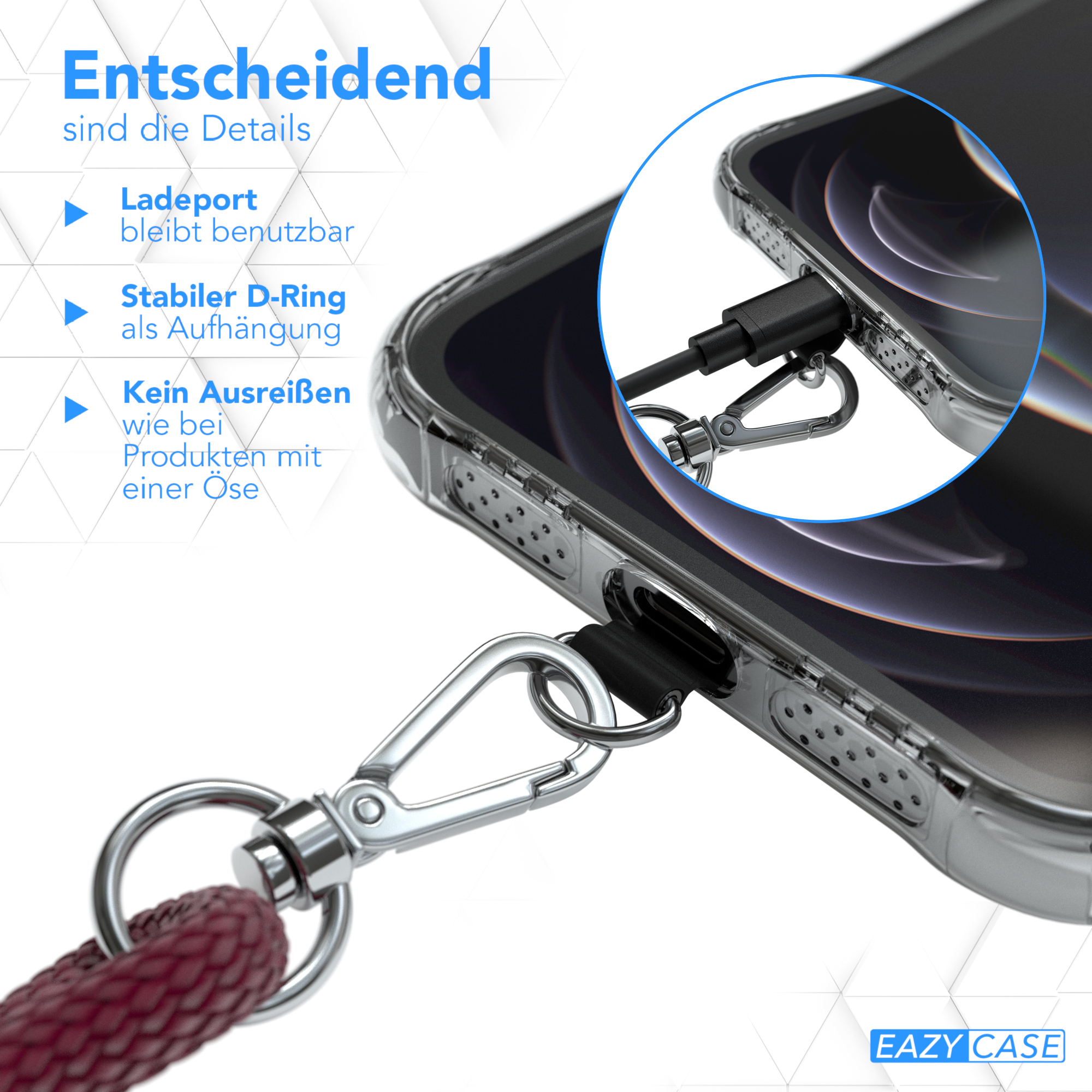 Detail des Telefongehäuses. Ein Telefongehäuse mit D-Ring und Lanyard wird gezeigt. Text erklärt Funktionen.