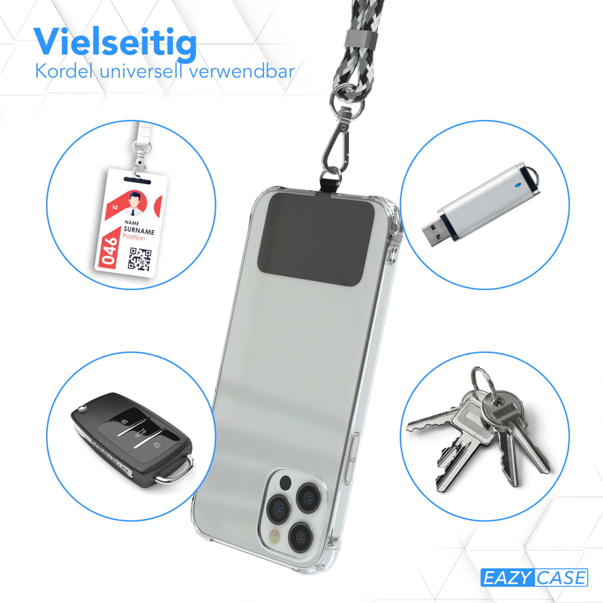 Ein Schlüsselband mit Handytasche, Schlüsseln, USB-Stick und Autoschlüssel. Alles kreisförmig angeordnet.