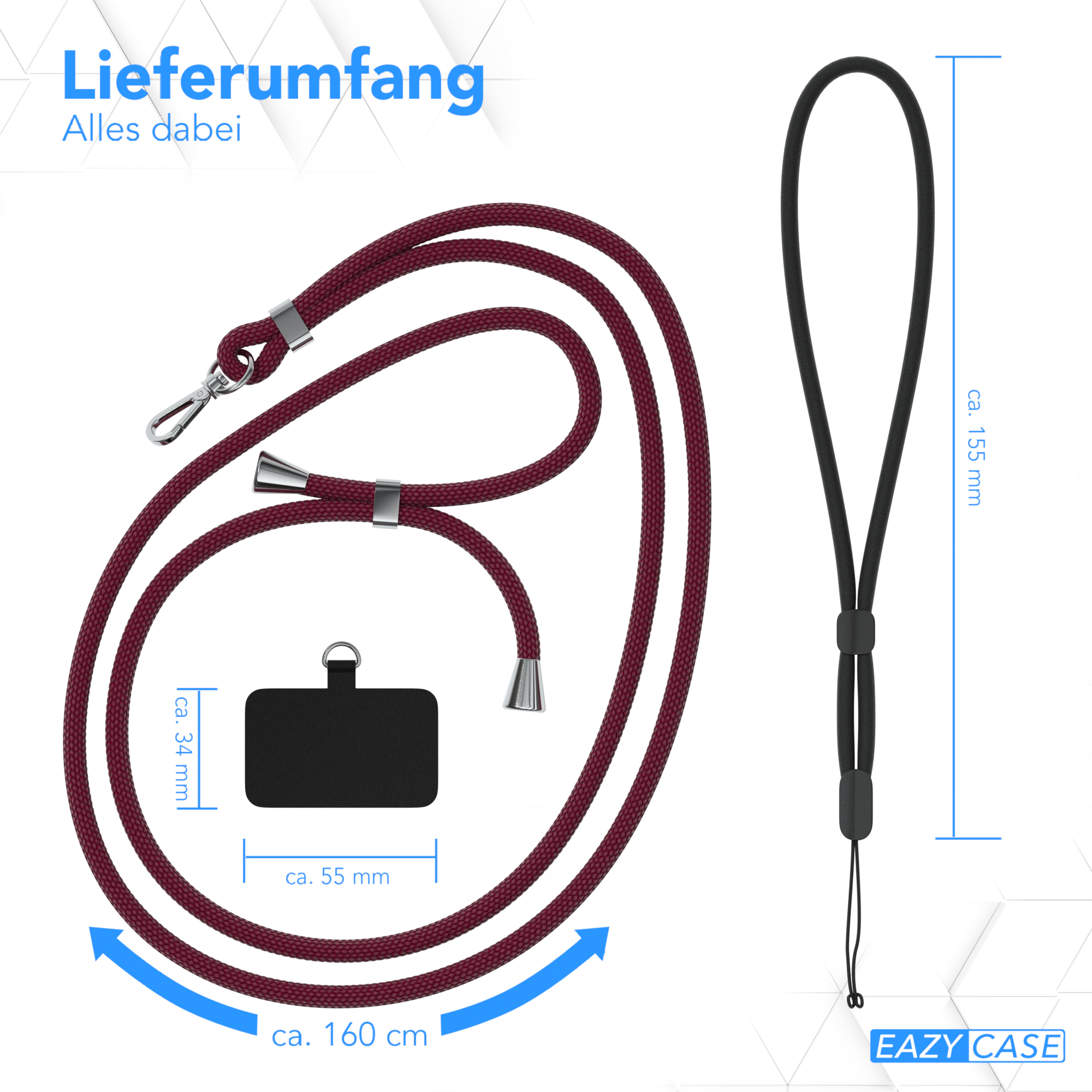 Telefon-Umhängeband mit Abmessungen. Enthält einen schwarzen Telefonhalter und ein weinrotes Kordel.