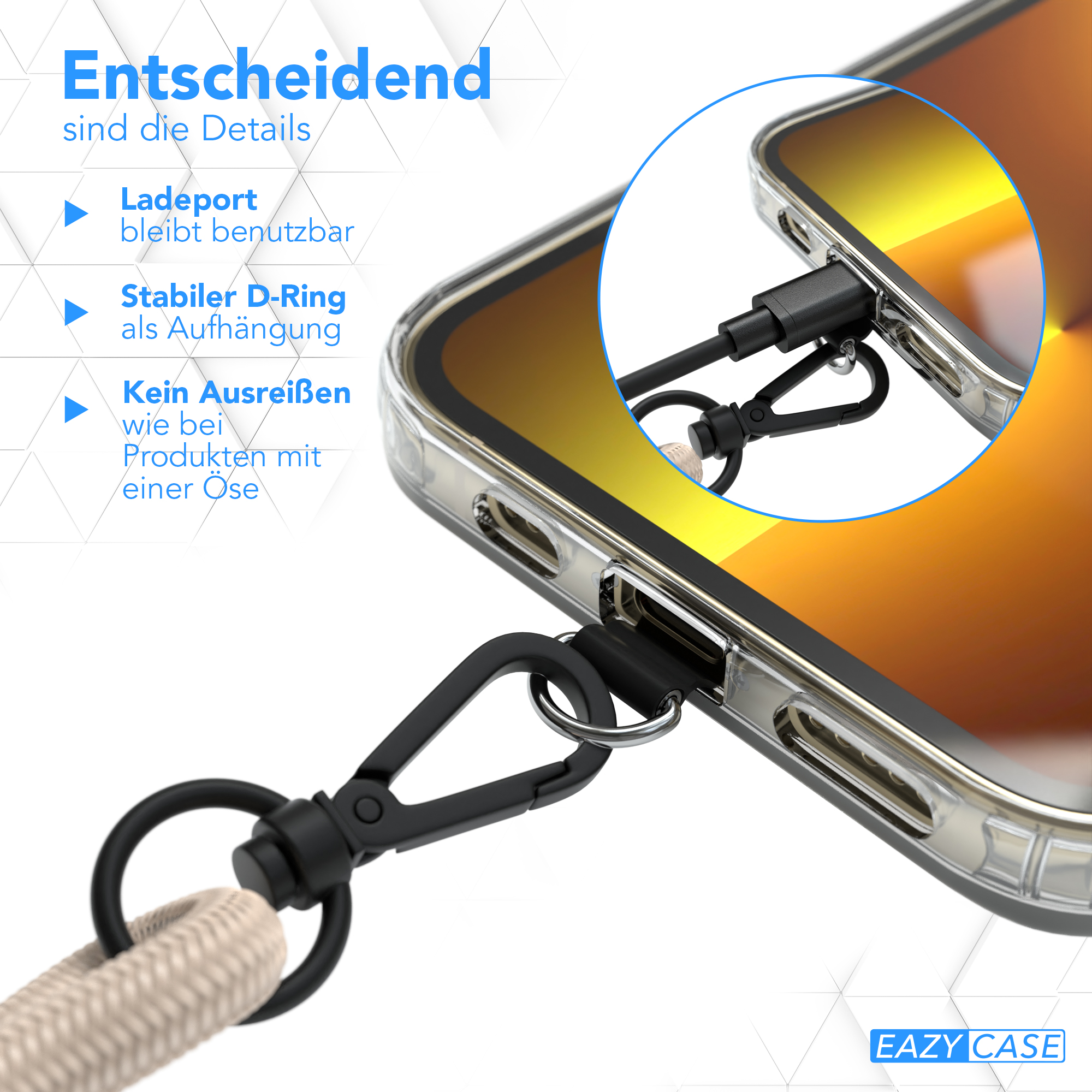 Nahaufnahme eines Telefons mit Lanyard, das Ladeanschluss und D-Ring zeigt.