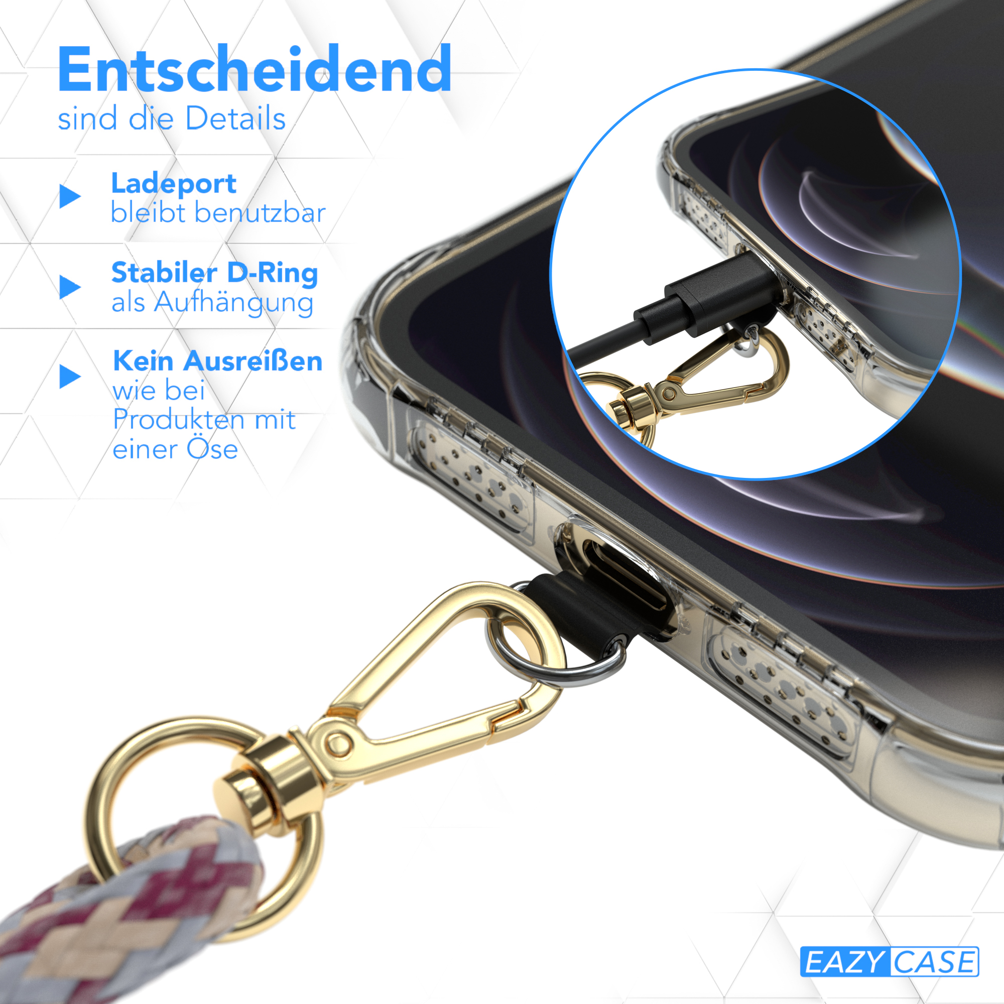 Nahaufnahme einer Handyhülle. Text besagt, dass die Handyhülle einen nutzbaren Ladeanschluss hat.