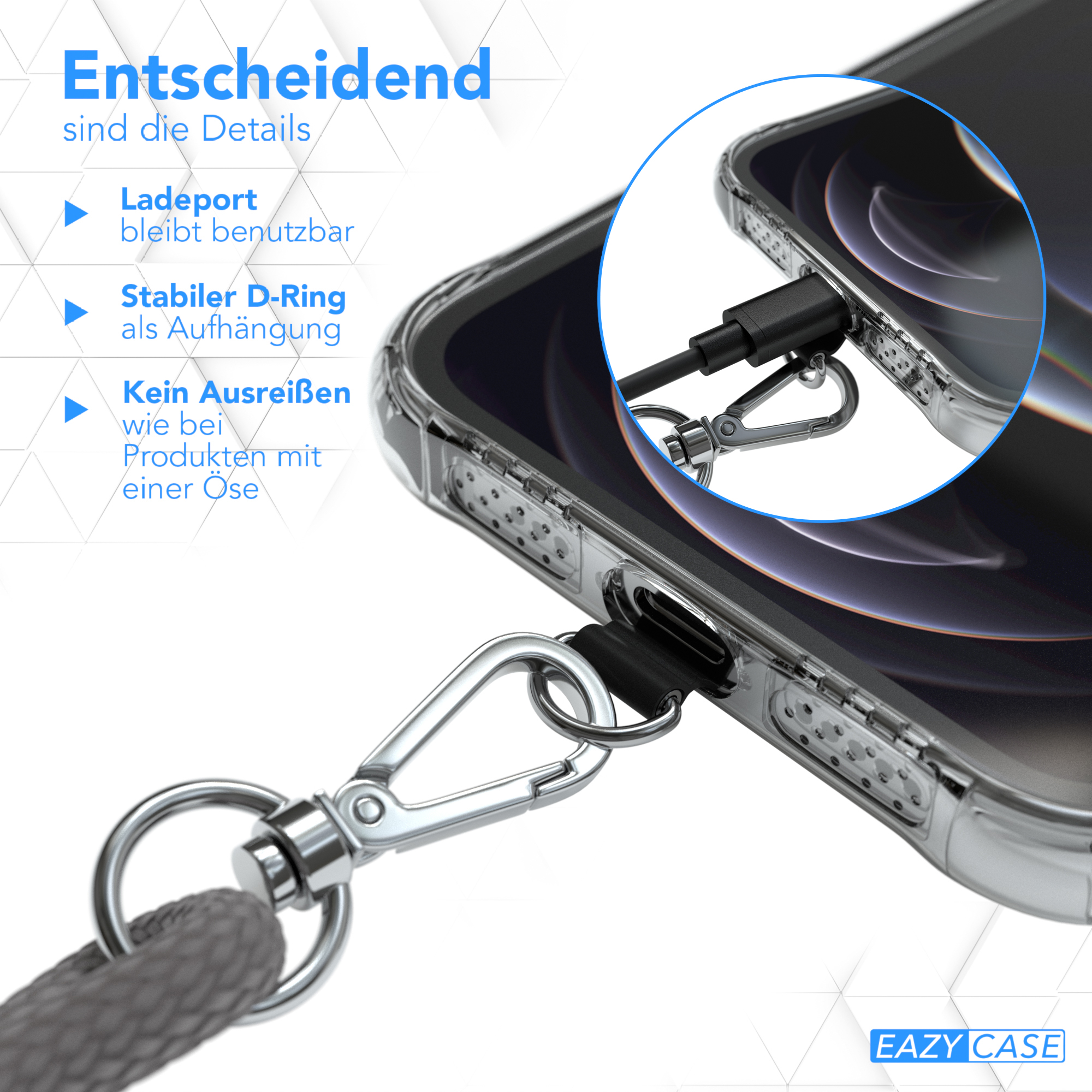 Nahaufnahme eines Telefons mit Hülle, das den D-Ring für ein Lanyard und Text über Funktionen zeigt.