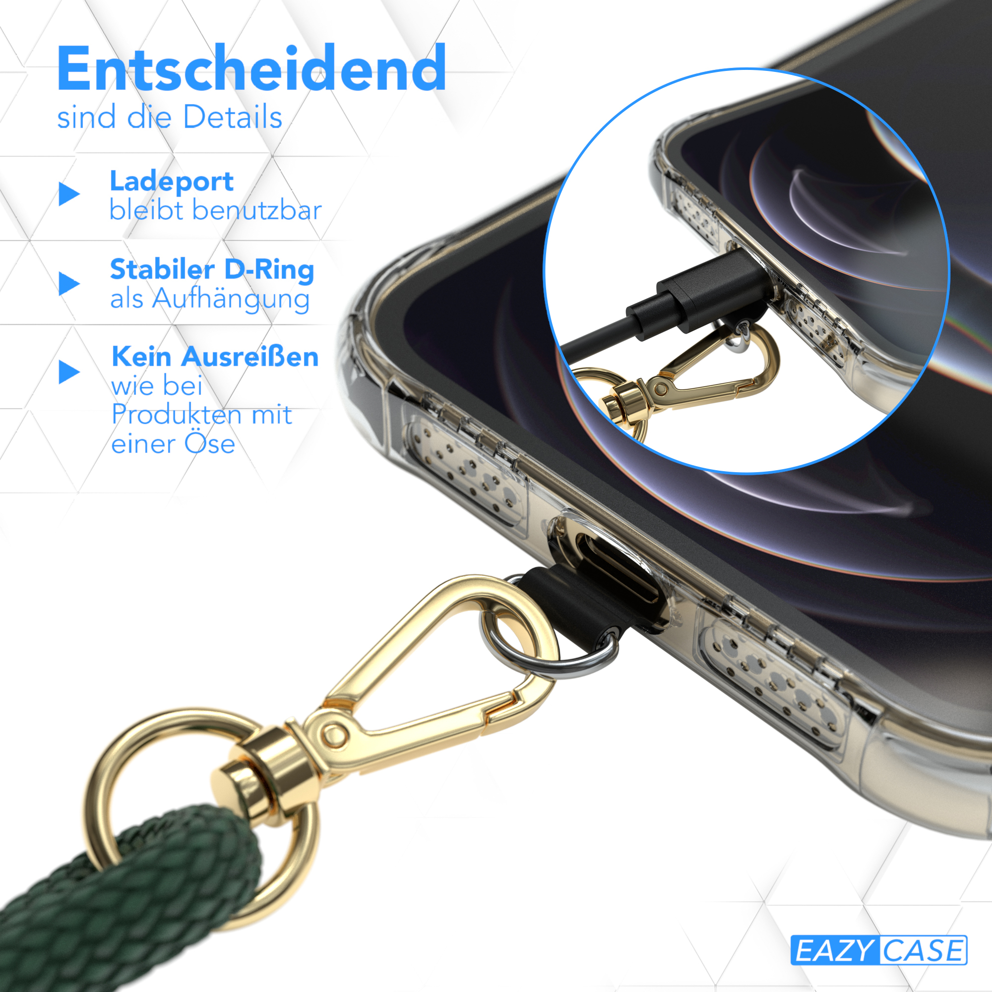 Handyhülle mit Lanyard-Befestigung. Zeigt Details wie den Zugang zum Ladeanschluss.