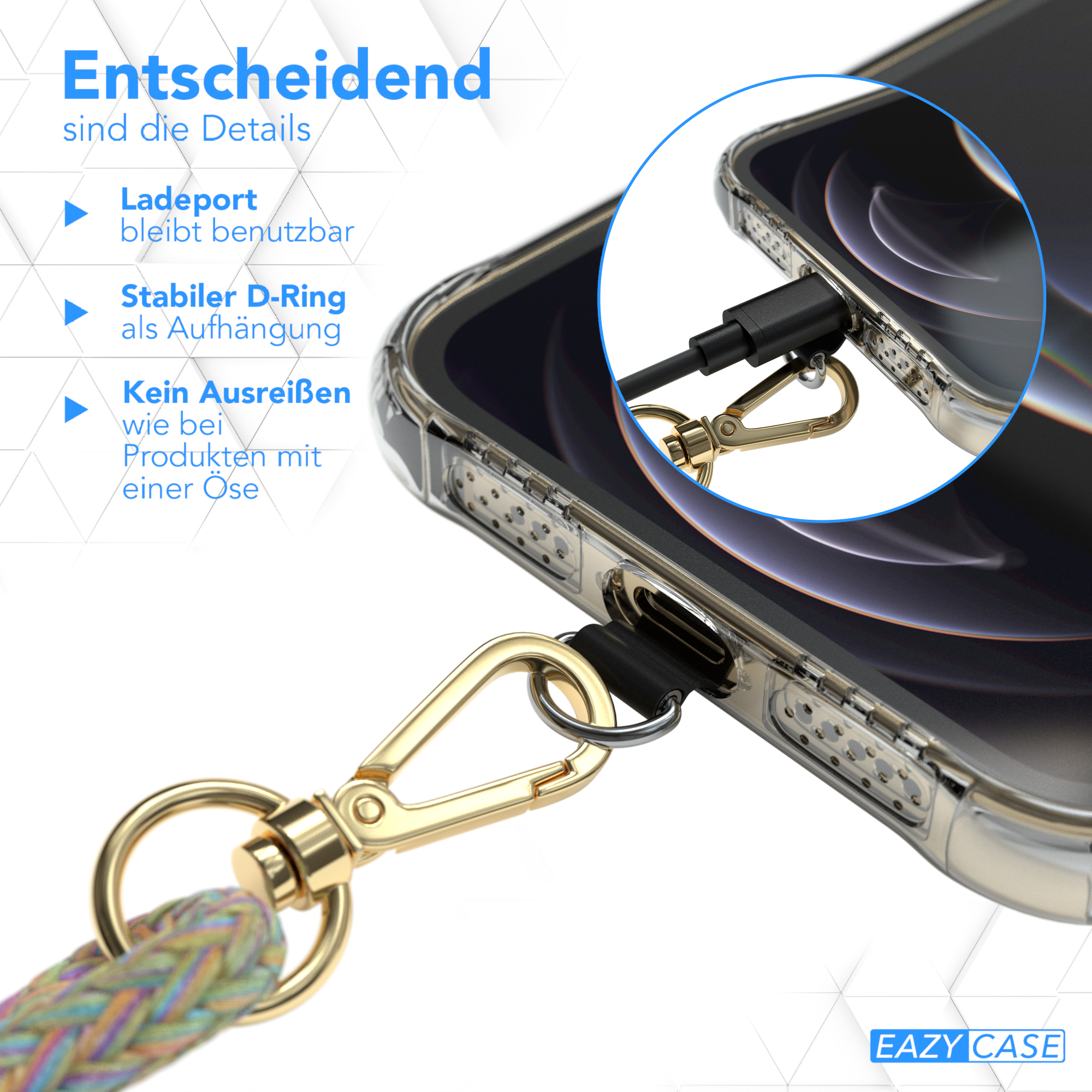Eine Handyhülle mit Lanyard-Befestigung. Nahaufnahme der Handyhülle und ihrer Funktionen.
