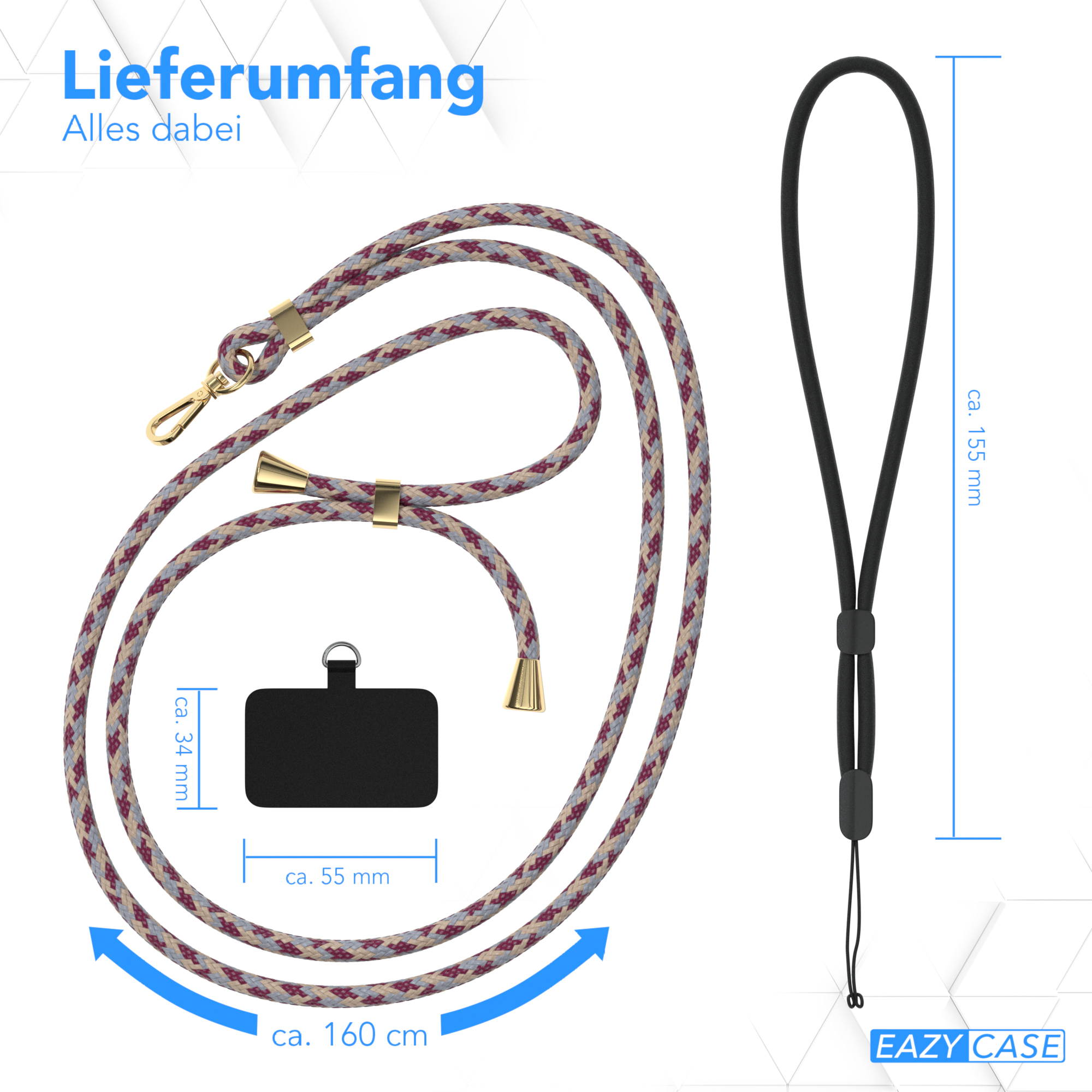 Eine Handykordel mit einem schwarzen Rechteck, das Abmessungen zeigt. Das Schlüsselband ist mehrfarbig und hat einen schwarzen Riemen.