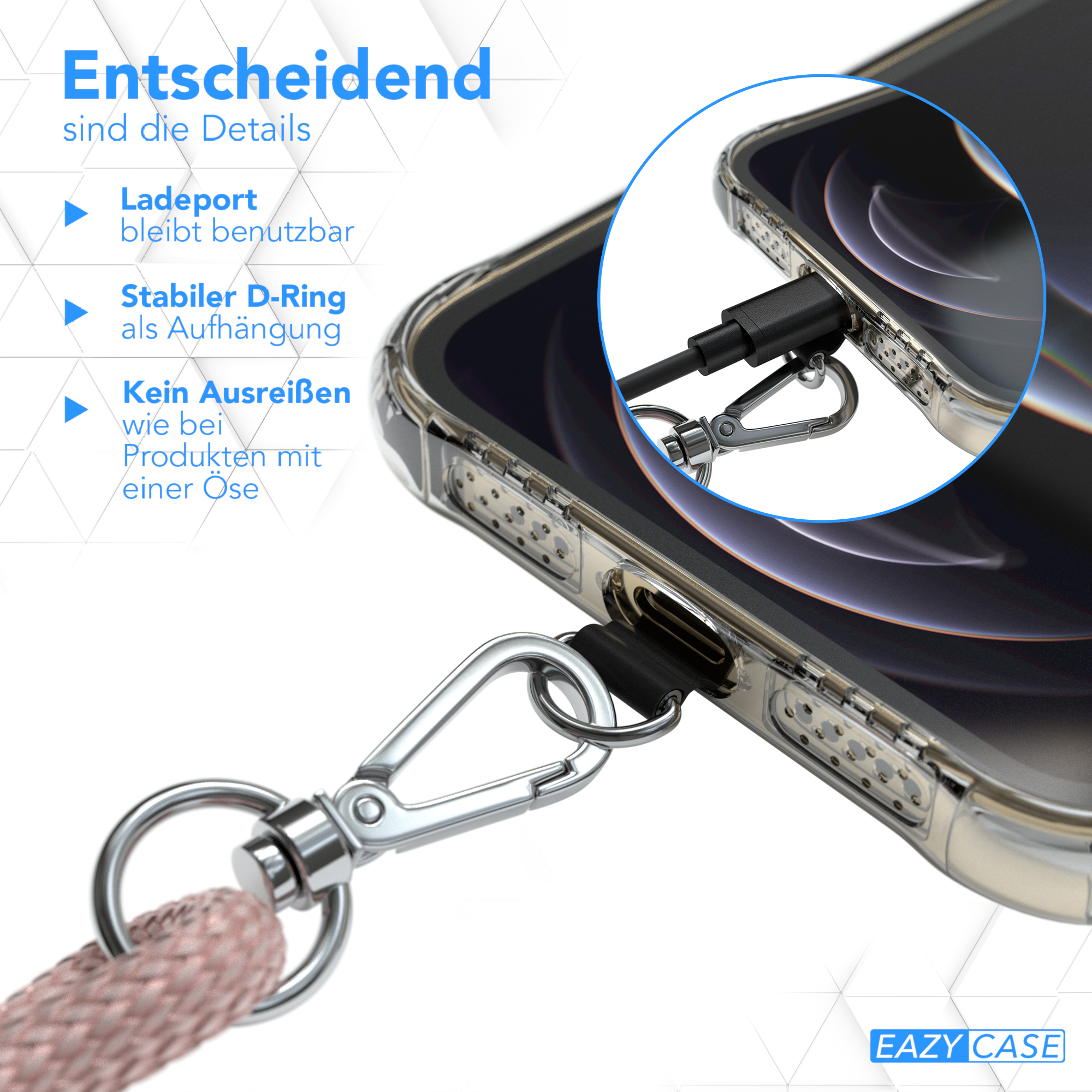 Transparente Handyhülle mit am Telefon befestigtem Schlüsselband, Nahaufnahme.