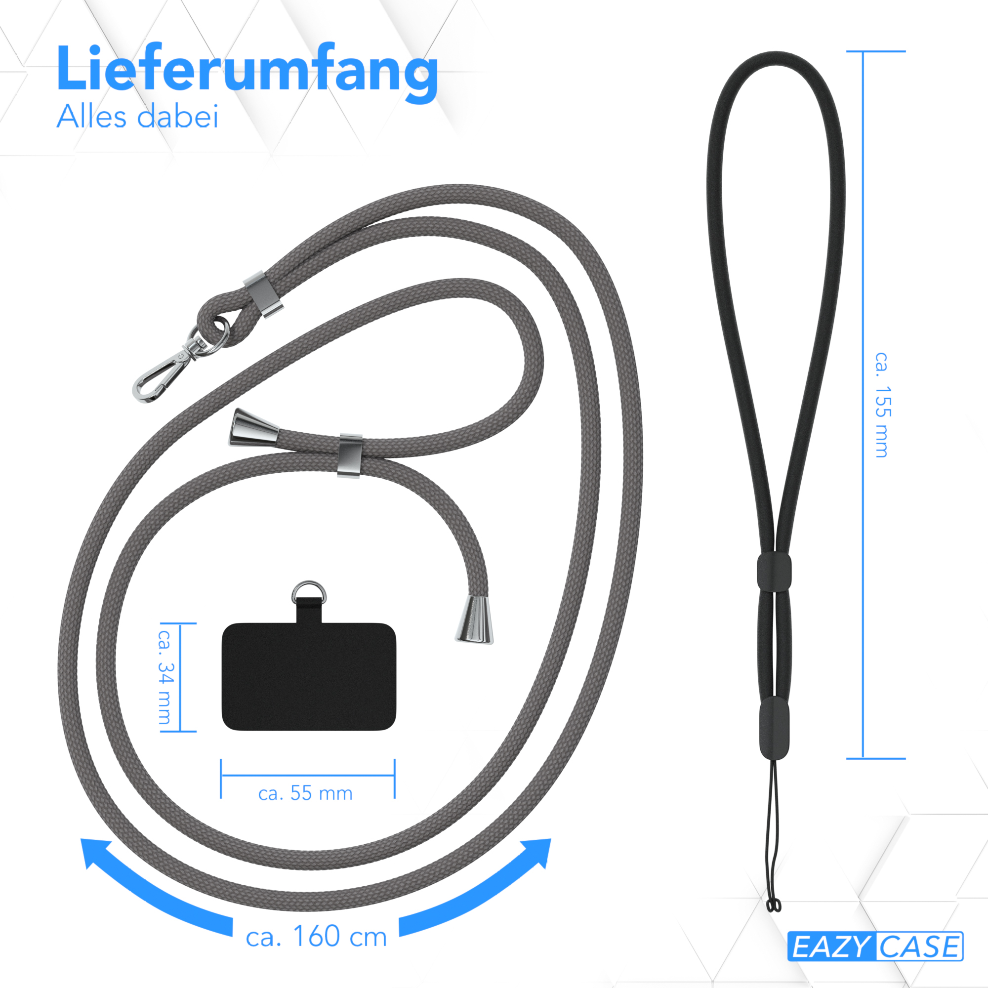 Graues Telefon-Lanyard mit schwarzem Telefonhalter.
