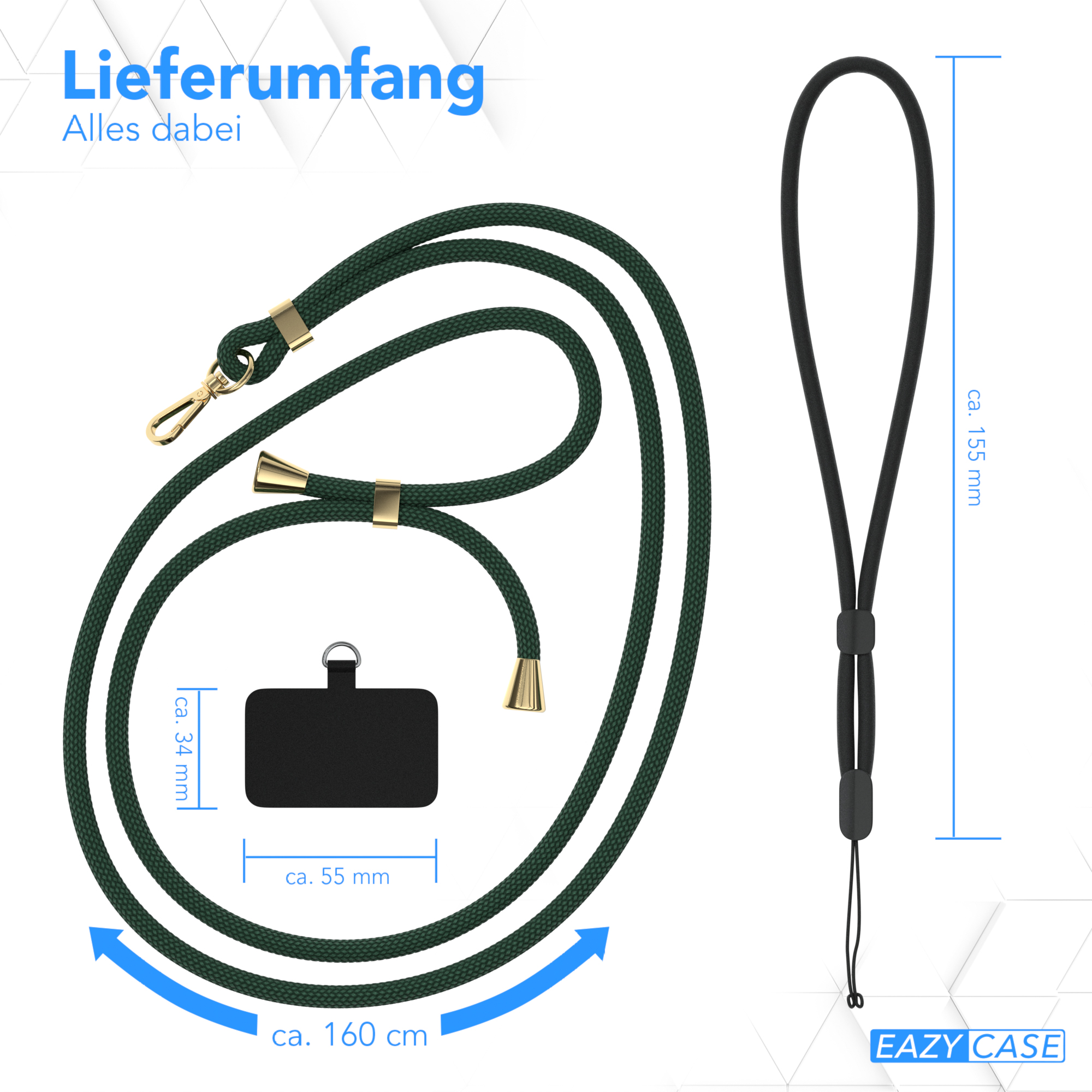 Grünes Telefon-Lanyard mit schwarzem Telefonhalter, mit Abmessungen, vor weißem Hintergrund.