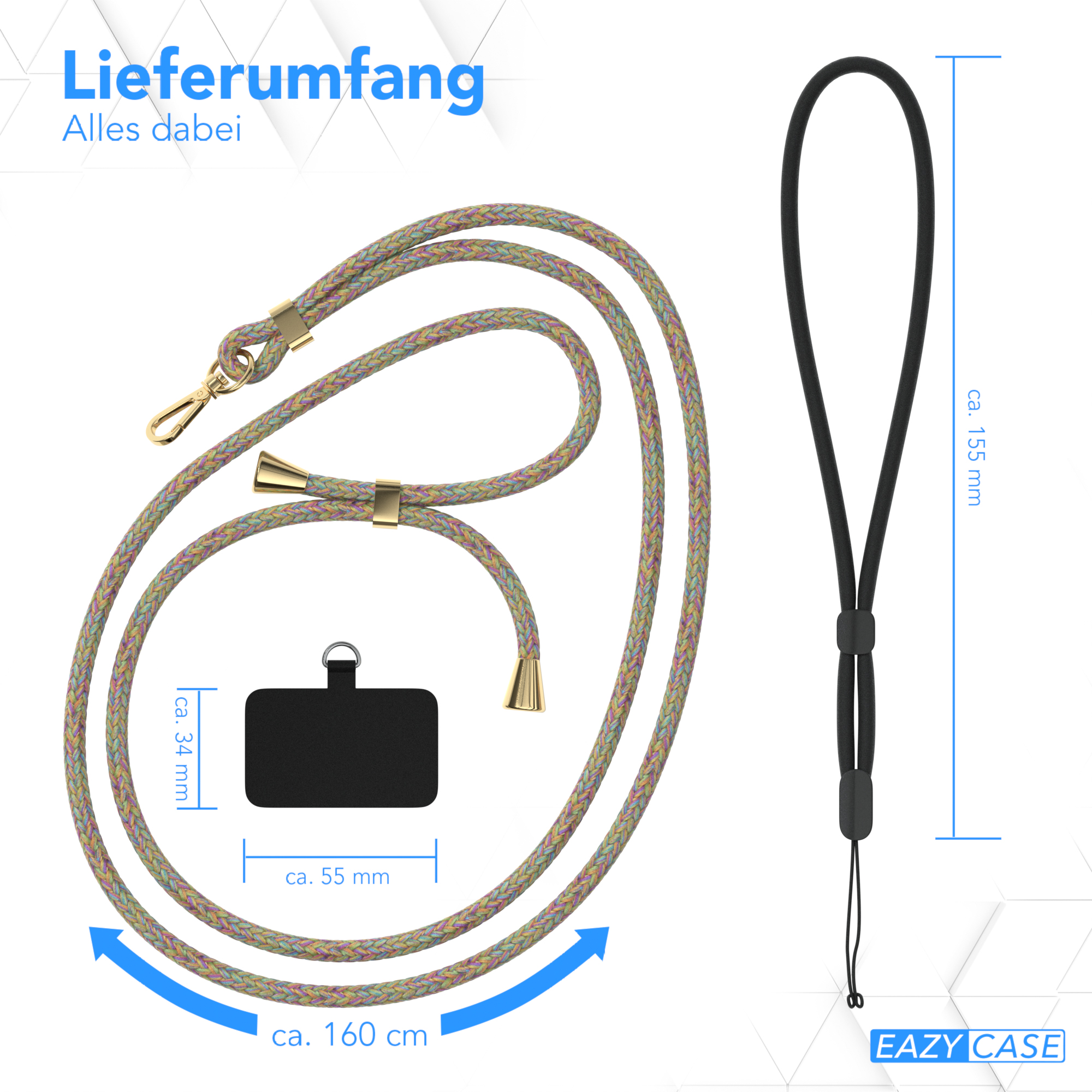 Lanyard mit Telefonhalter, Abmessungen sind auf dem Bild angegeben. Zeigt die Länge.