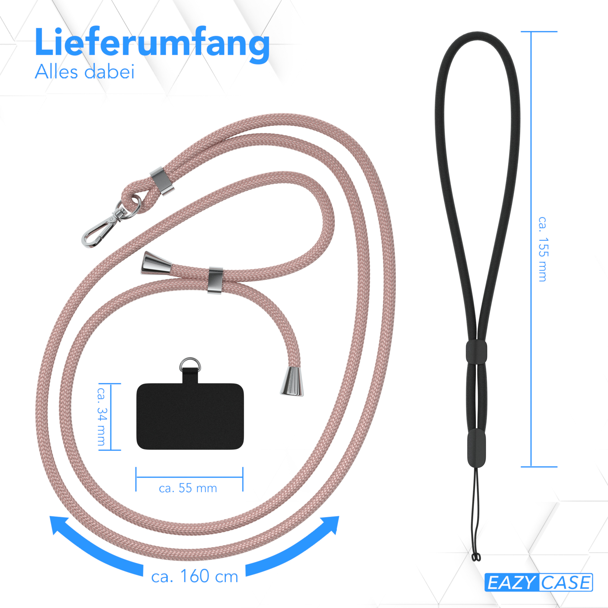 Handy-Umhängeband mit Abmessungen. Das Umhängeband ist rosa, mit einer schwarzen Schlaufe und einem kleinen schwarzen Rechteck.