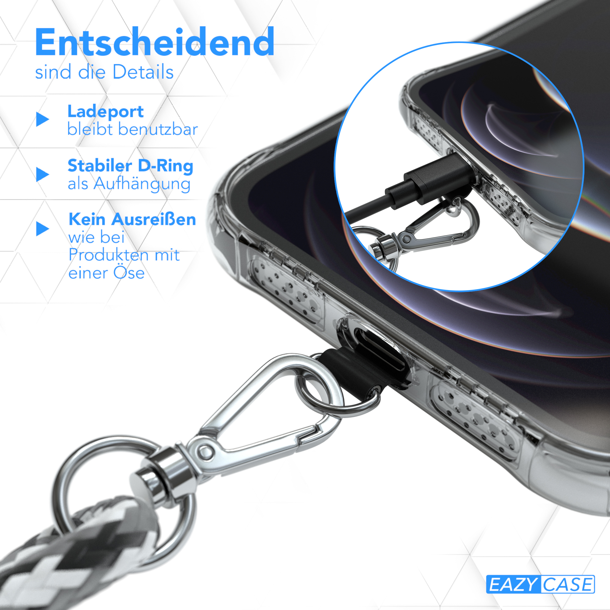 Eine Handyhülle mit Lanyard-Befestigung. Sie hat einen D-Ring zum Aufhängen und einen Ladeanschluss.