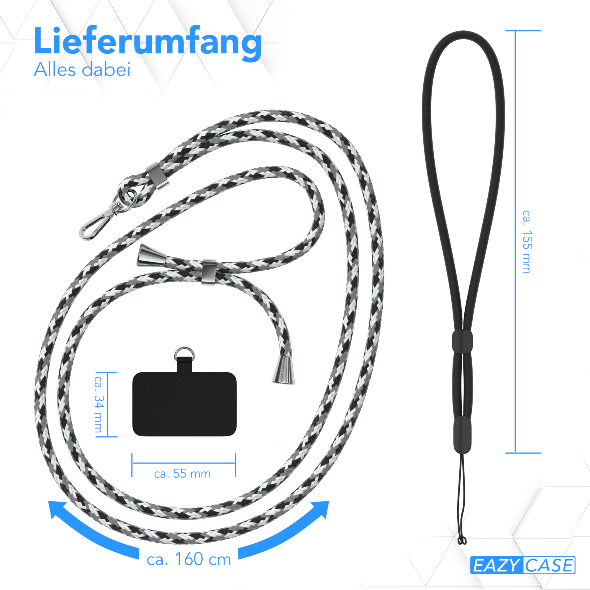 Lanyard mit Telefonhalter. Schwarzer Halter mit Maßen. Graues und weißes Seil.