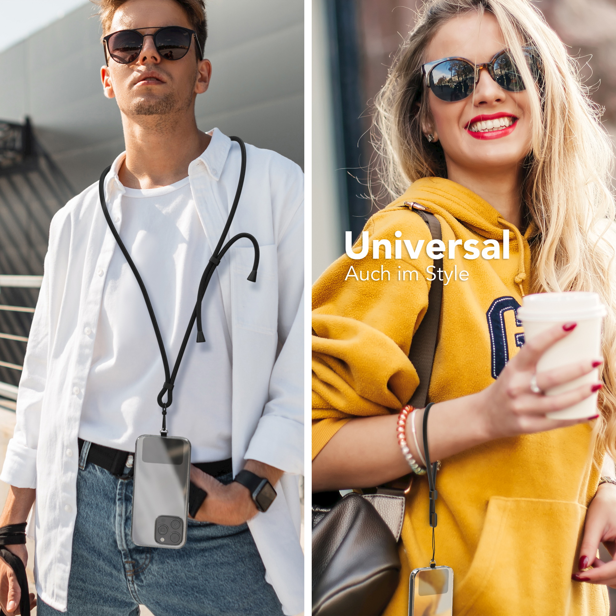 Zwei Personen mit Handy-Lanyards. Eine trägt ein weißes Hemd, die andere einen gelben Hoodie.