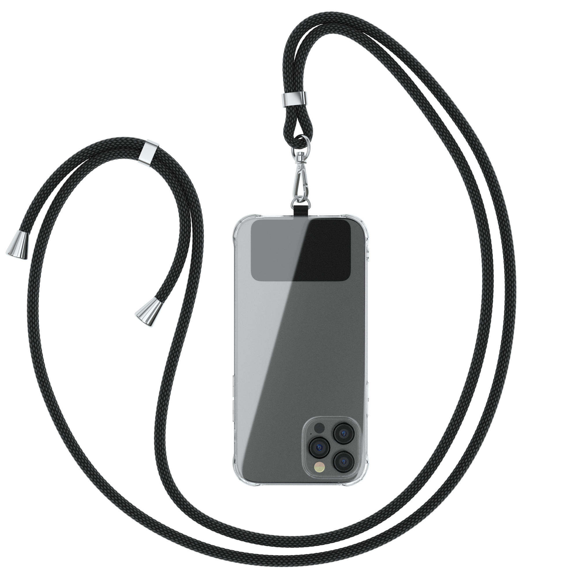 Transparente Handyhülle mit schwarzem Lanyard. Das Telefon ist zentriert und das Lanyard hängt.