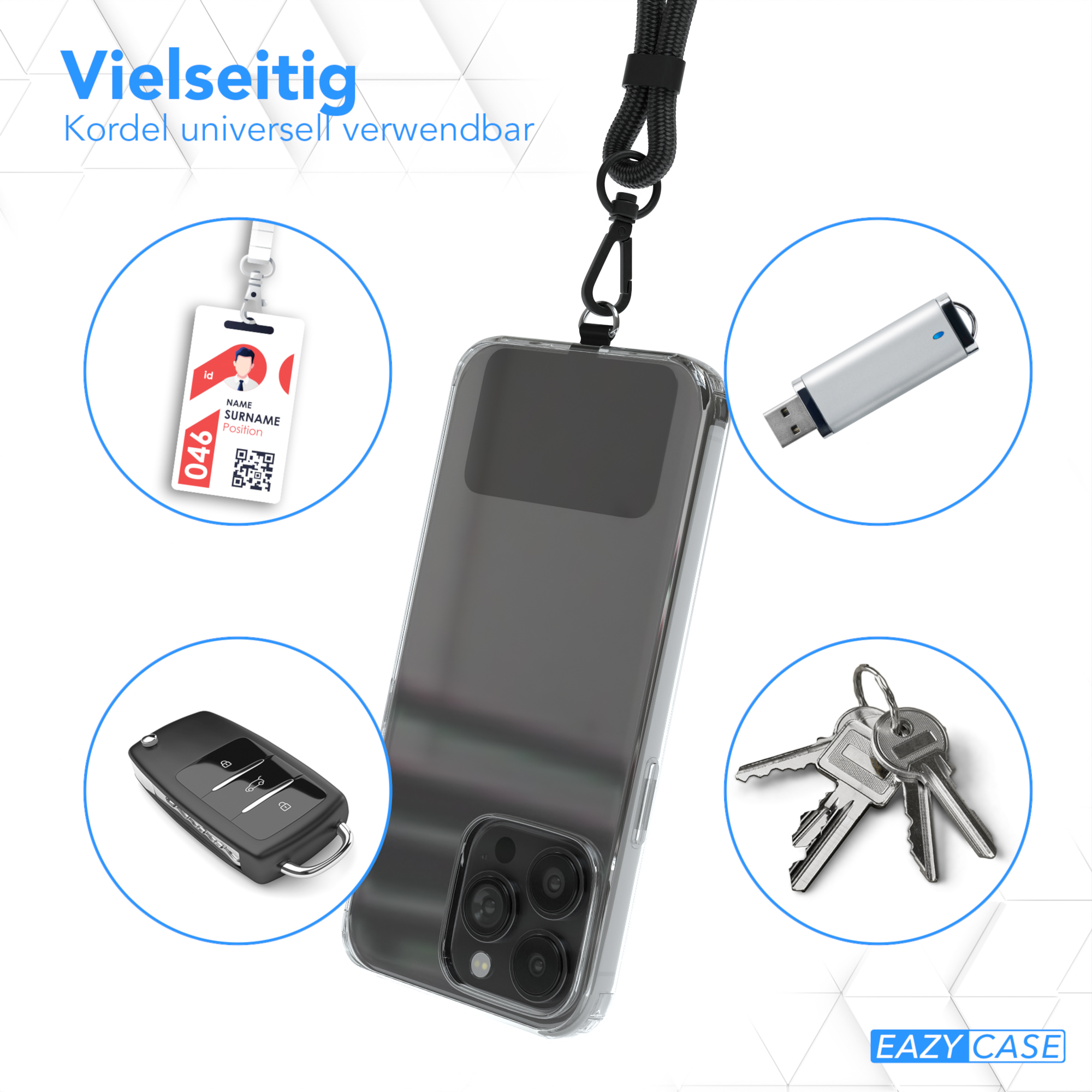 Verschiedene Gegenstände, darunter Schlüssel, ein USB-Stick und ein Telefon mit Schlüsselband, im Kreis.