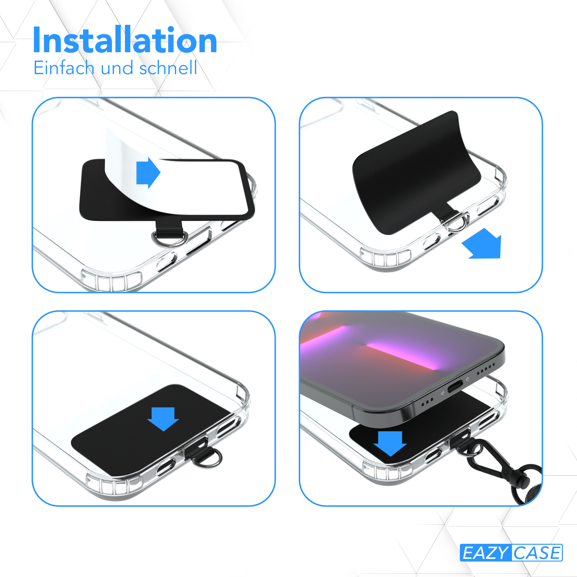Installationsanweisungen für eine Handyhülle: transparente Hülle, schwarzer Einsatz und Telefon.