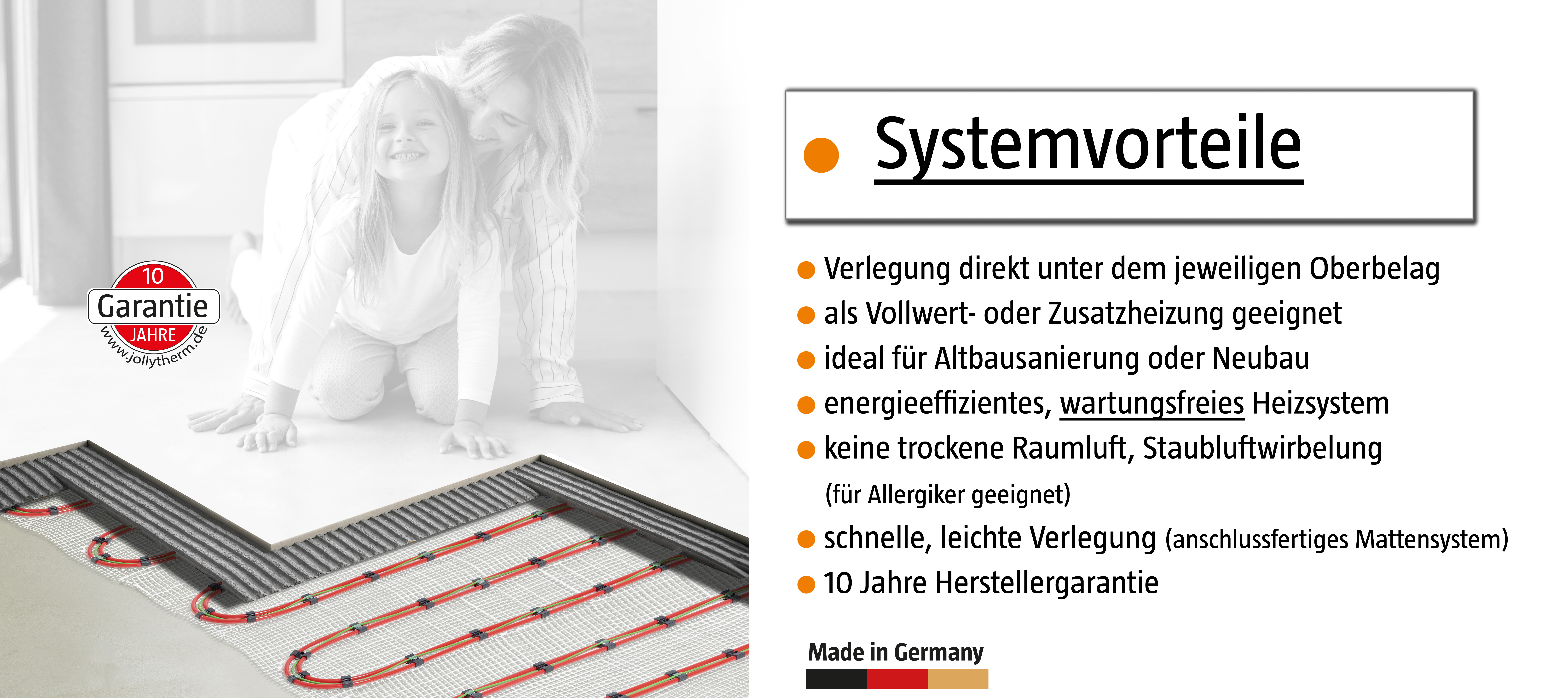 Fußbodenheizung mit Text und glücklicher Familie, auf weißem Boden.