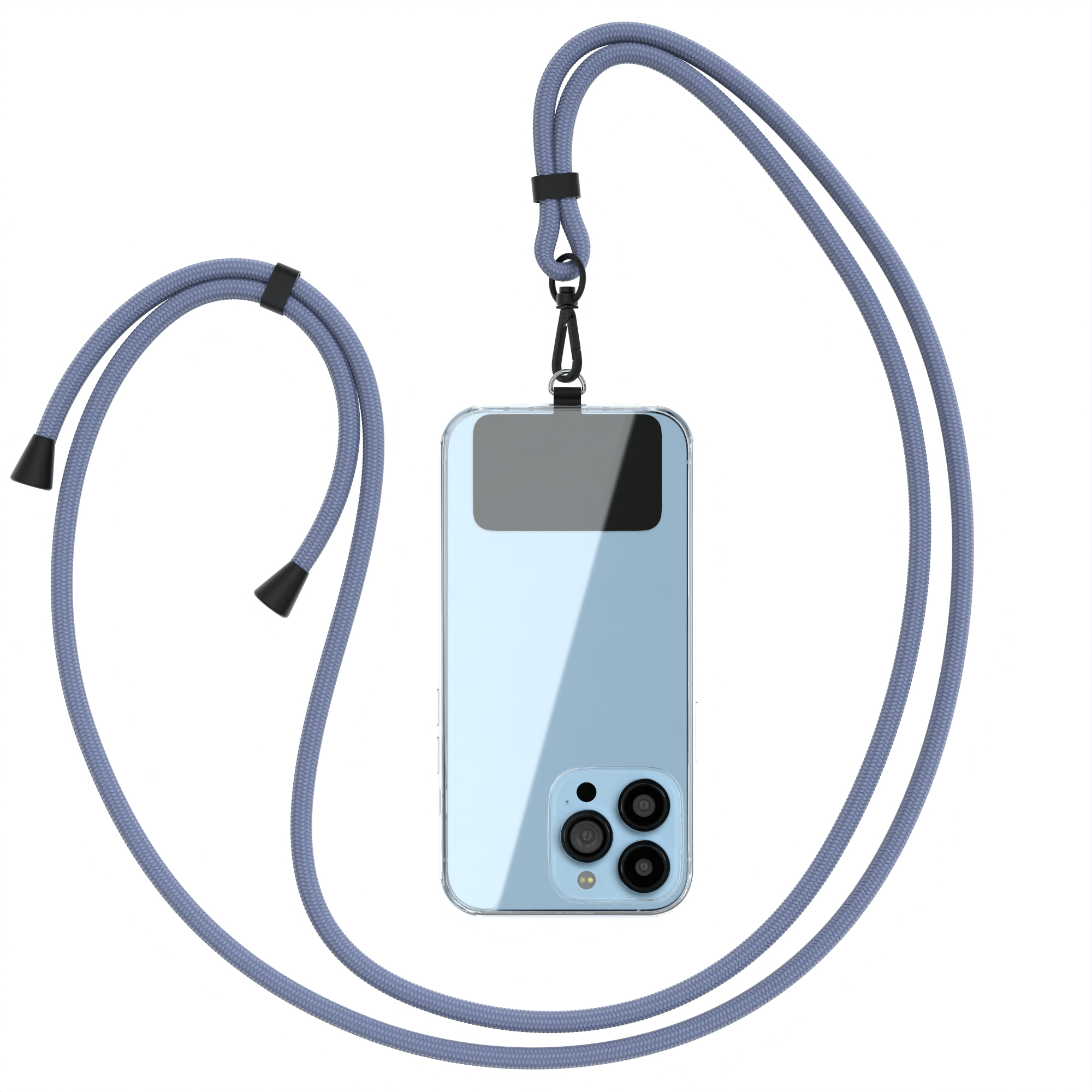 Ein Telefon mit blauem Schlüsselband, klarer Hülle und Dreifachkamera auf weißem Grund.