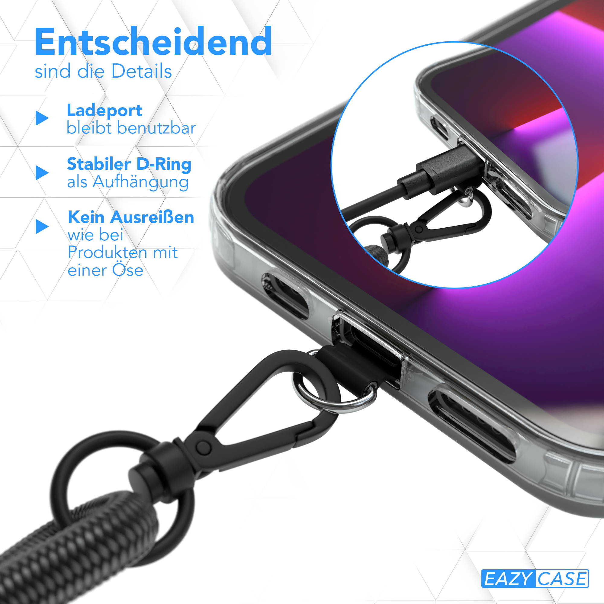 Transparente Handyhülle mit Lanyard. Durchsichtig, Telefon sichtbar.