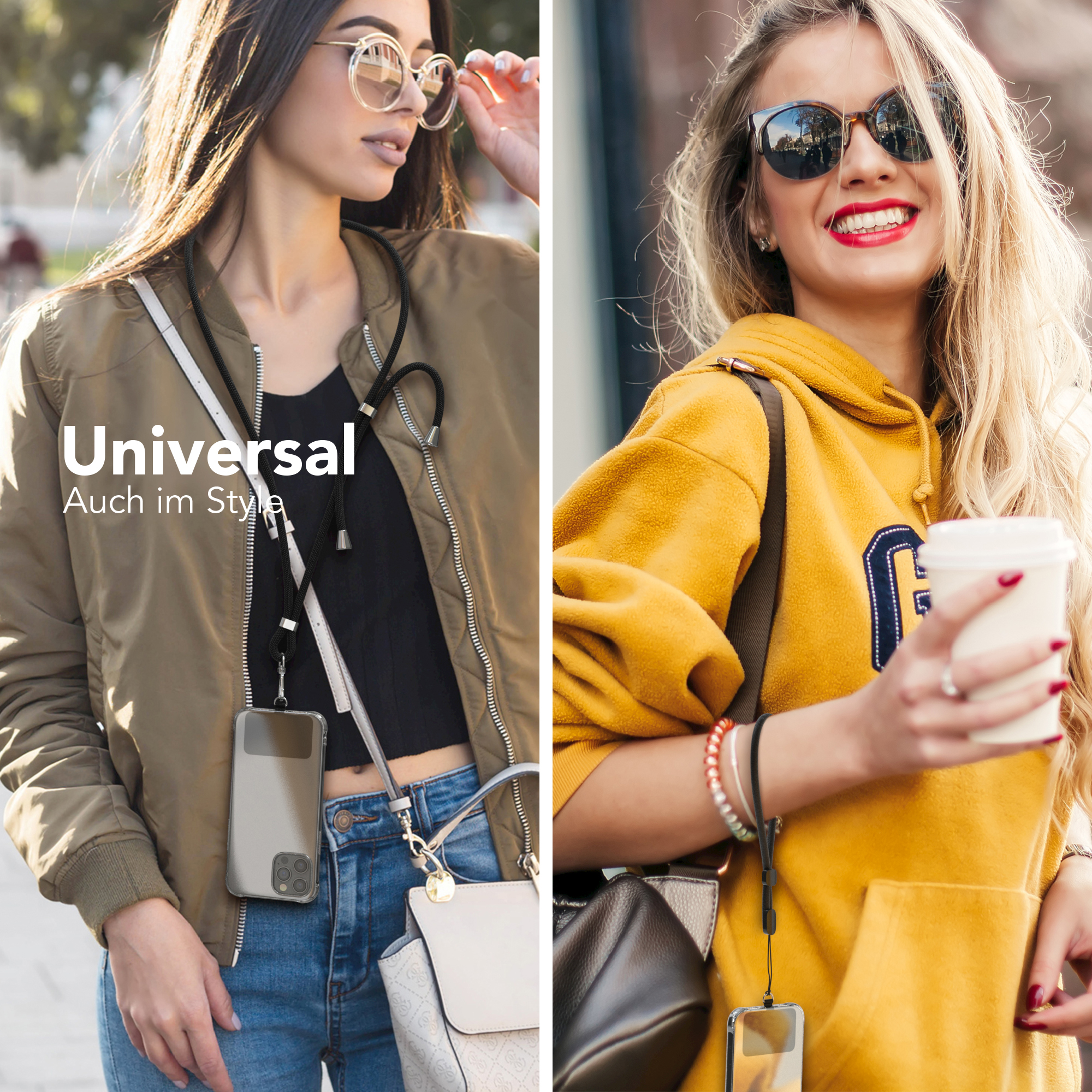 Zwei Frauen mit Handy-Lanyards, eine mit gelbem Pullover.