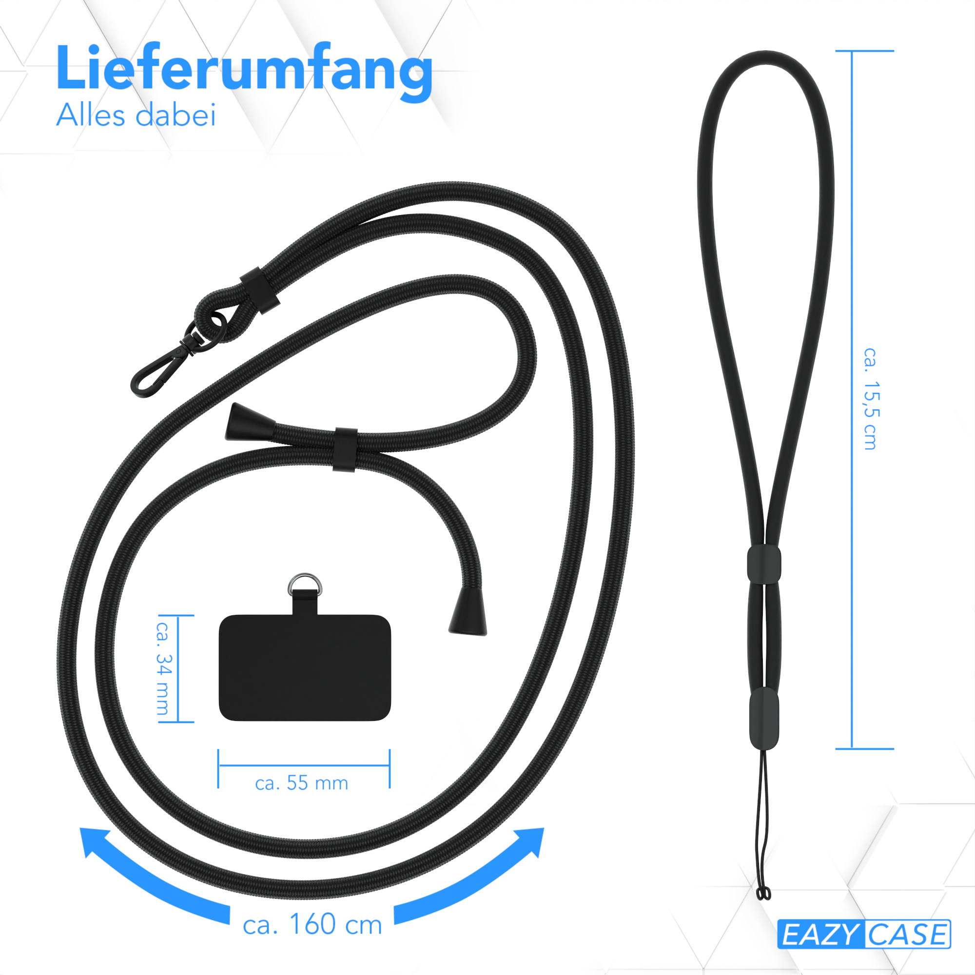 Schwarzes Schlüsselband mit Handyhalter. Abmessungen und Text sind auf weißem Hintergrund dargestellt.