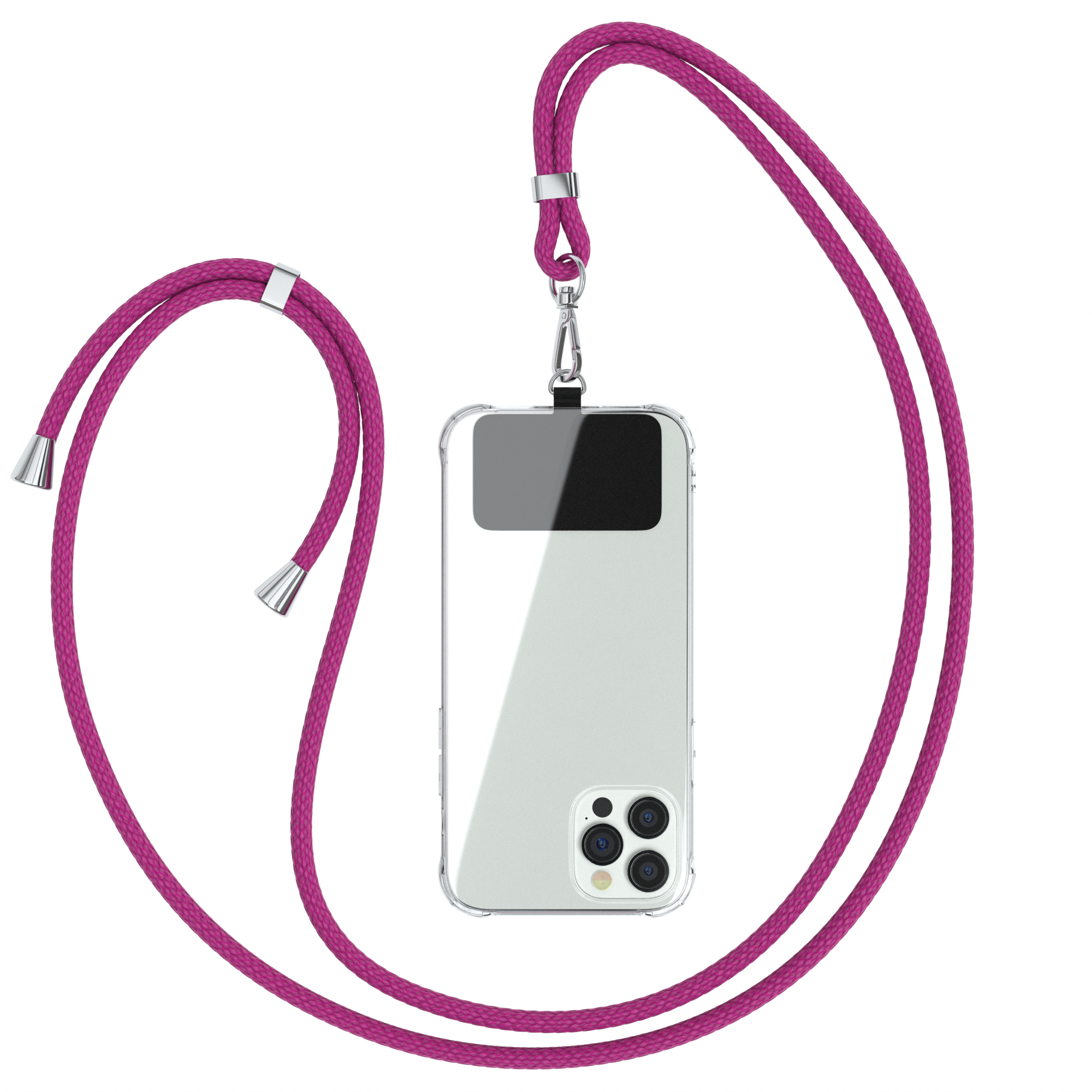 Eine transparente Handyhülle mit einem fuchsiafarbenen Lanyard. Weißer Hintergrund.
