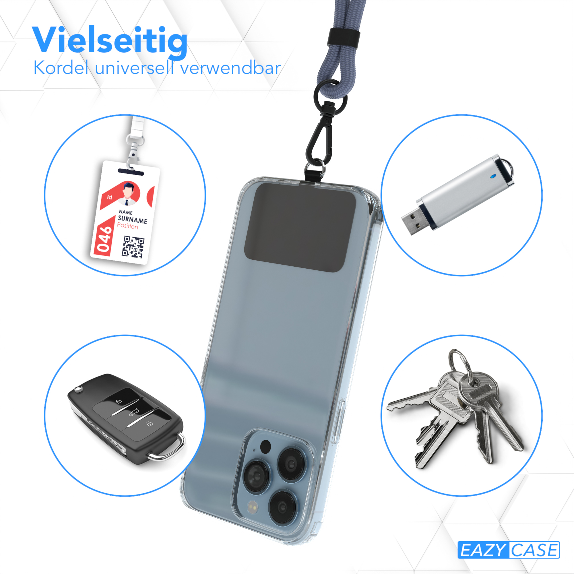 Das Bild zeigt Zubehör: Handyhülle, Autoschlüssel, USB-Stick, Schlüssel und einen Ausweis an einem Lanyard.