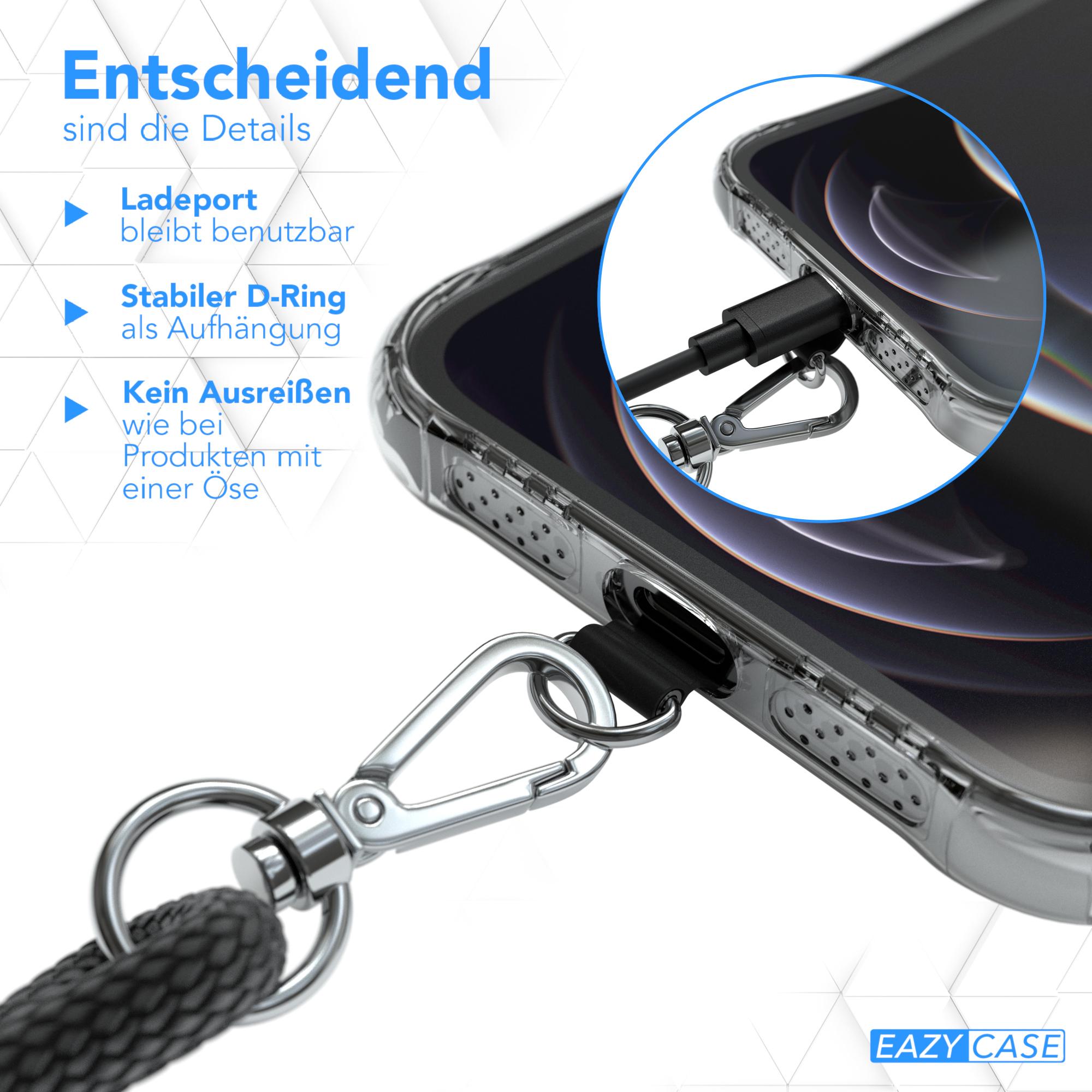 Eine Handyhülle mit Ladeanschluss und D-Ring für ein Umhängeband, mit Nahaufnahmen.