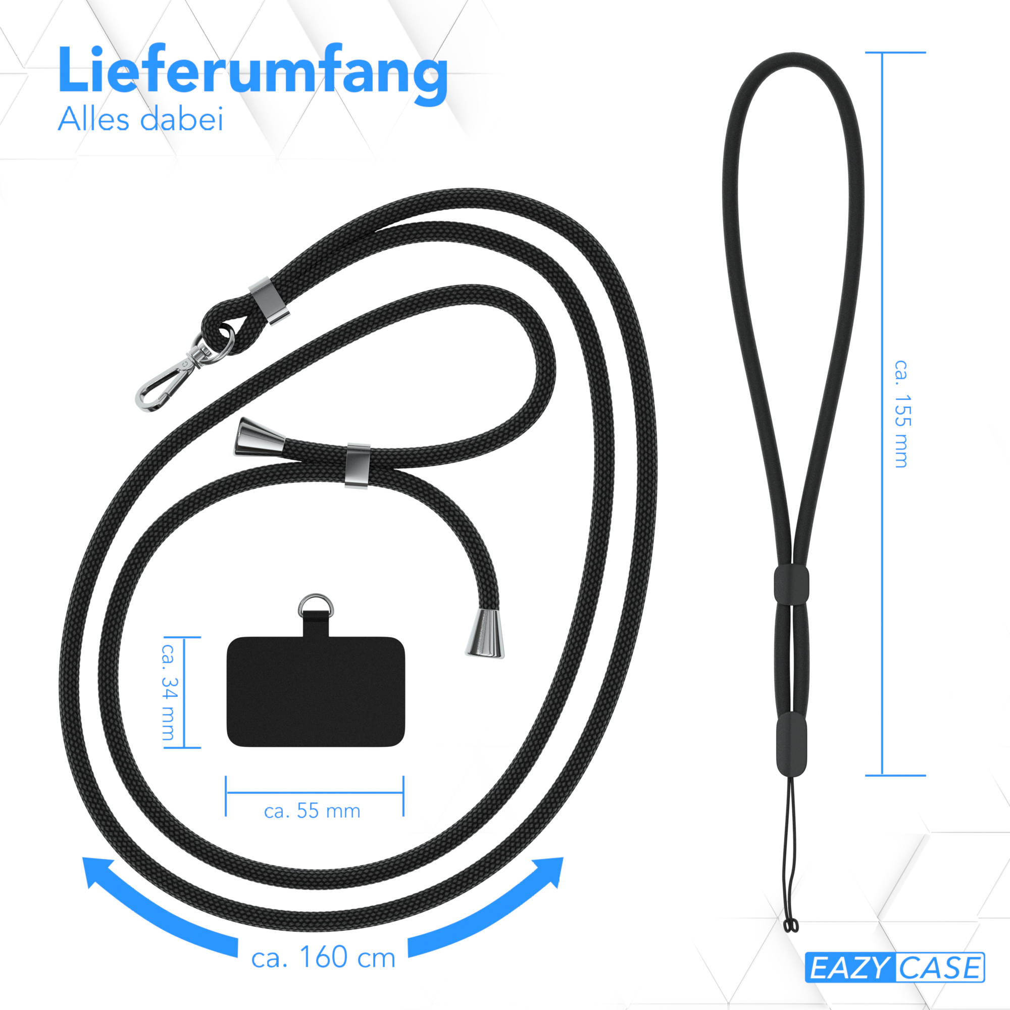 Schwarzes Telefon-Lanyard mit Maßen und Text auf weißem Hintergrund.