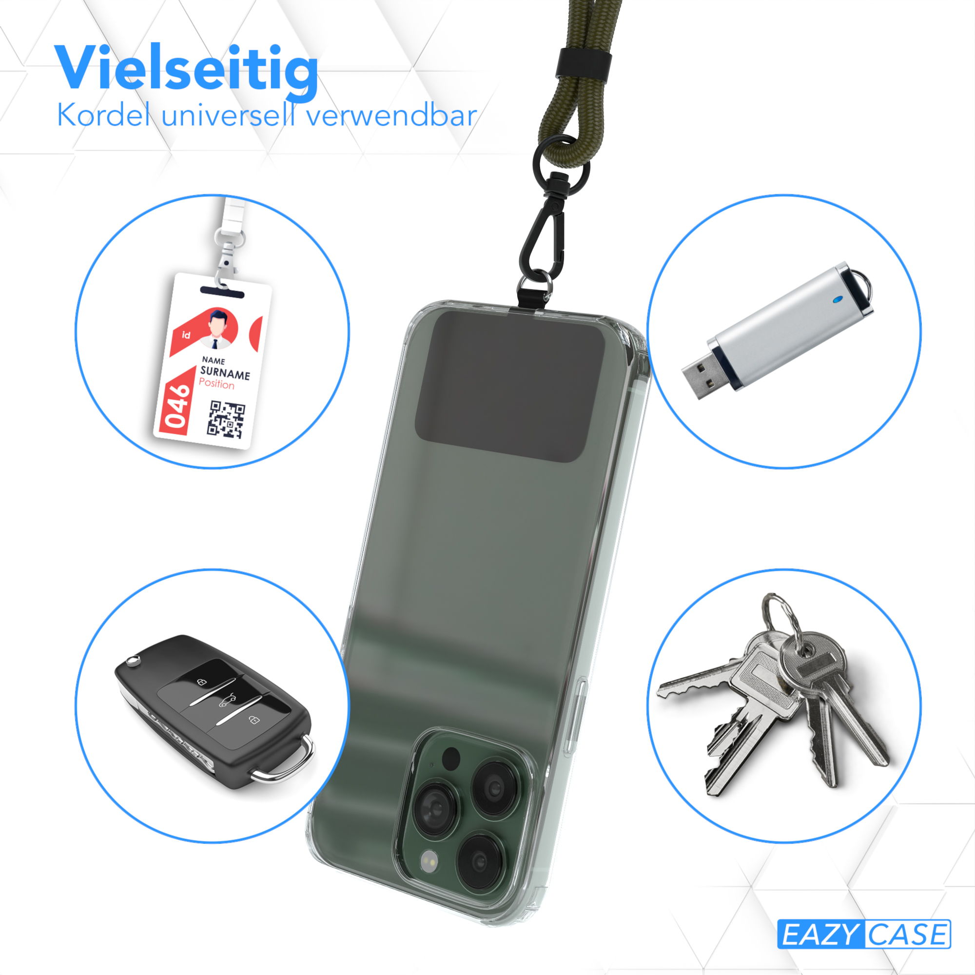 Ein Telefon in einer transparenten Hülle mit Schlüsselband und anderen Gegenständen wie Schlüsseln, USB und Autoschlüssel.