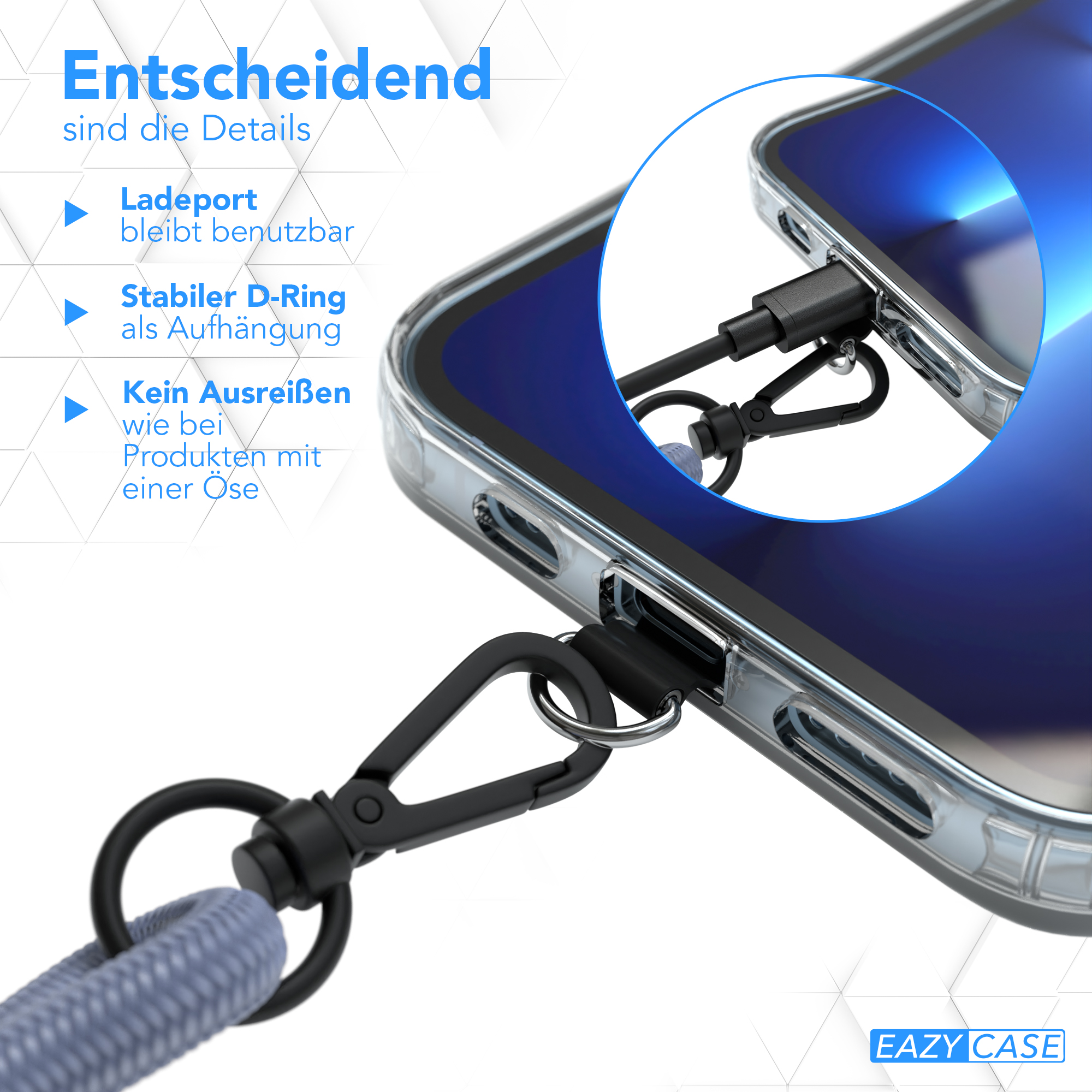 Telefon in klarer Hülle mit Schlüsselband, mit USB-Stick, Ausweis und Schlüsseln.