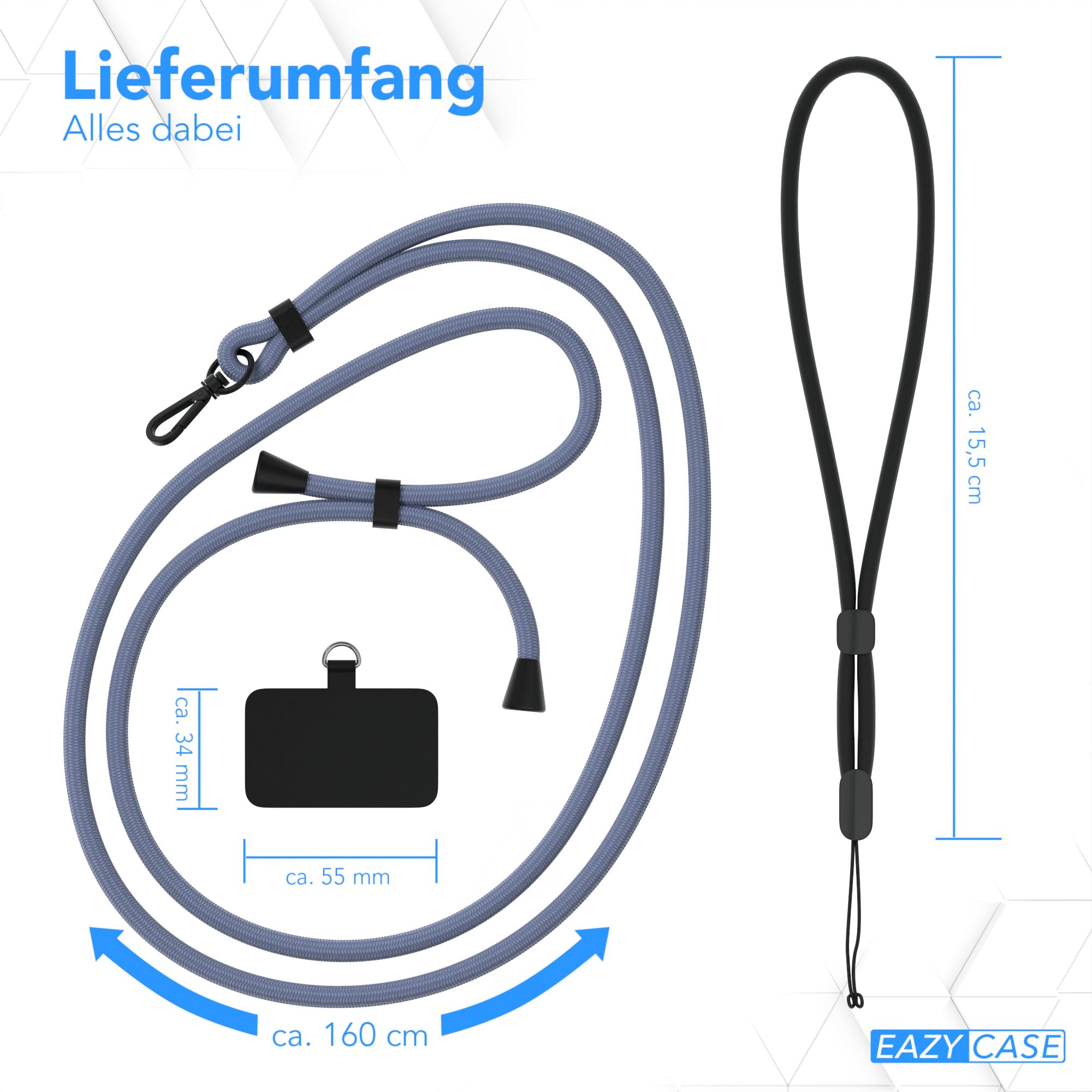Eine Handyschlaufe mit Kordel, Abmessungen und der Aufschrift 'EAZY CASE'.