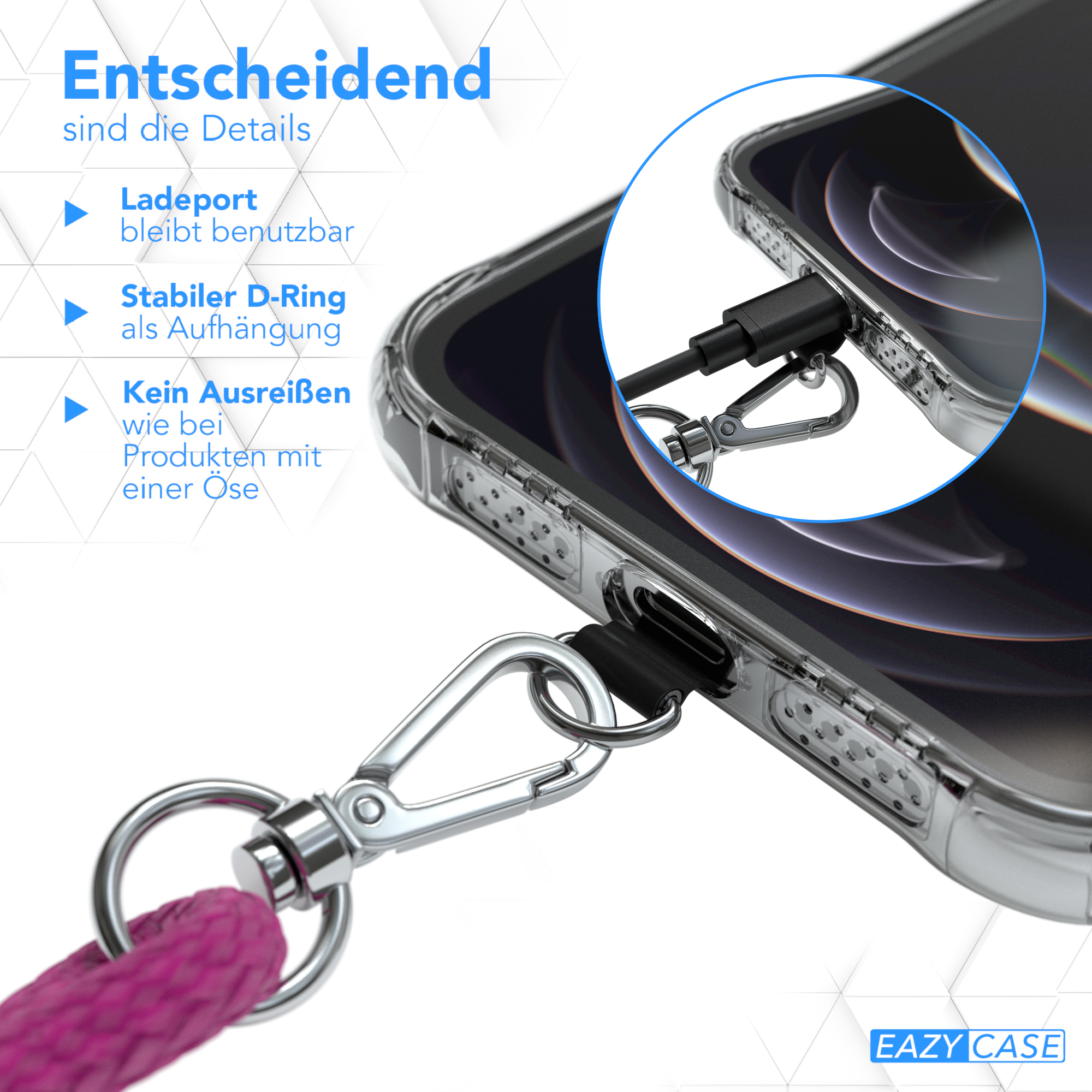 Handyhülle mit Schlüsselband. Schwarze Hülle, Silberring, lila Kordel.