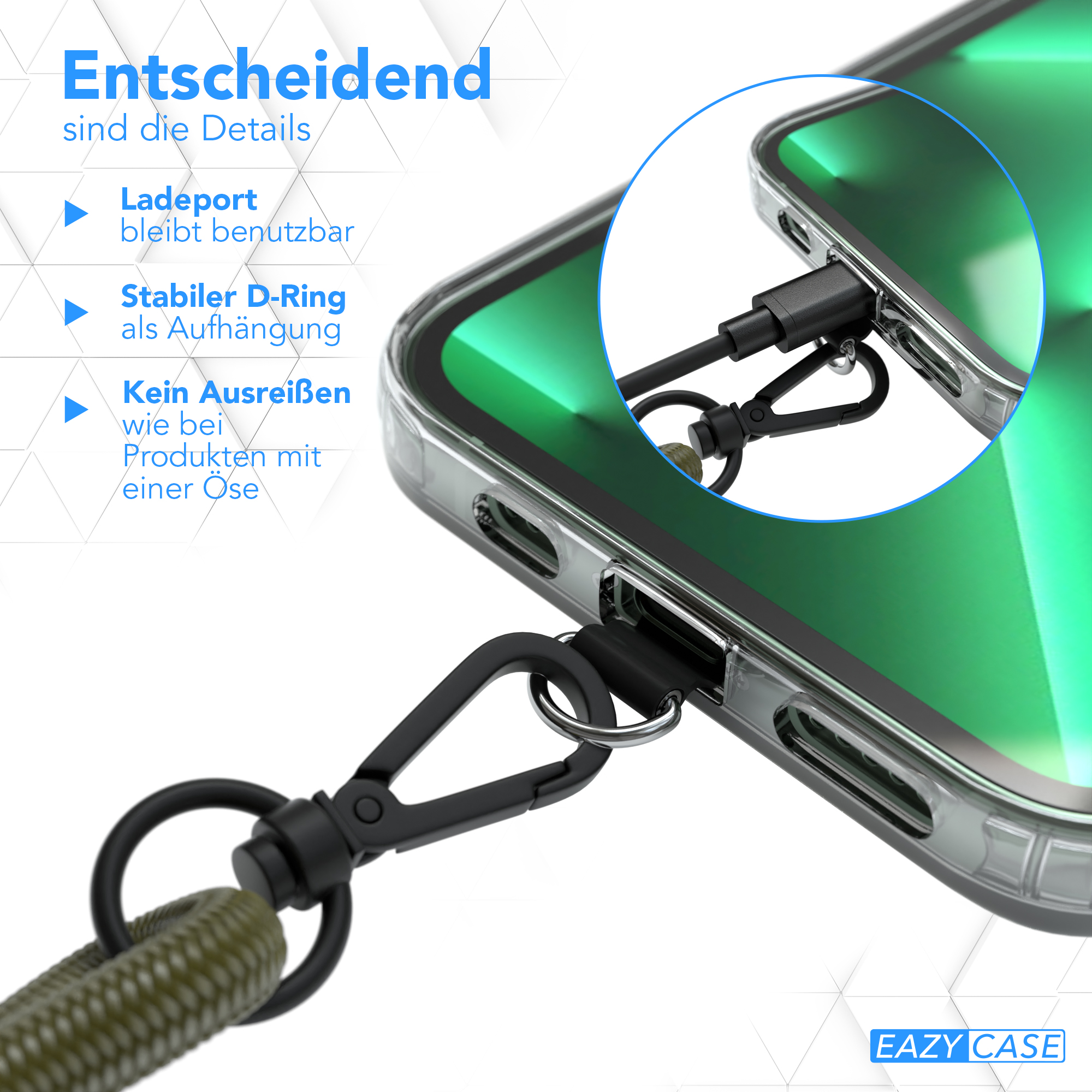 Nahaufnahme eines Telefons mit Hülle. Schwarzes Umhängeband mit Metallring. Text auf Deutsch.