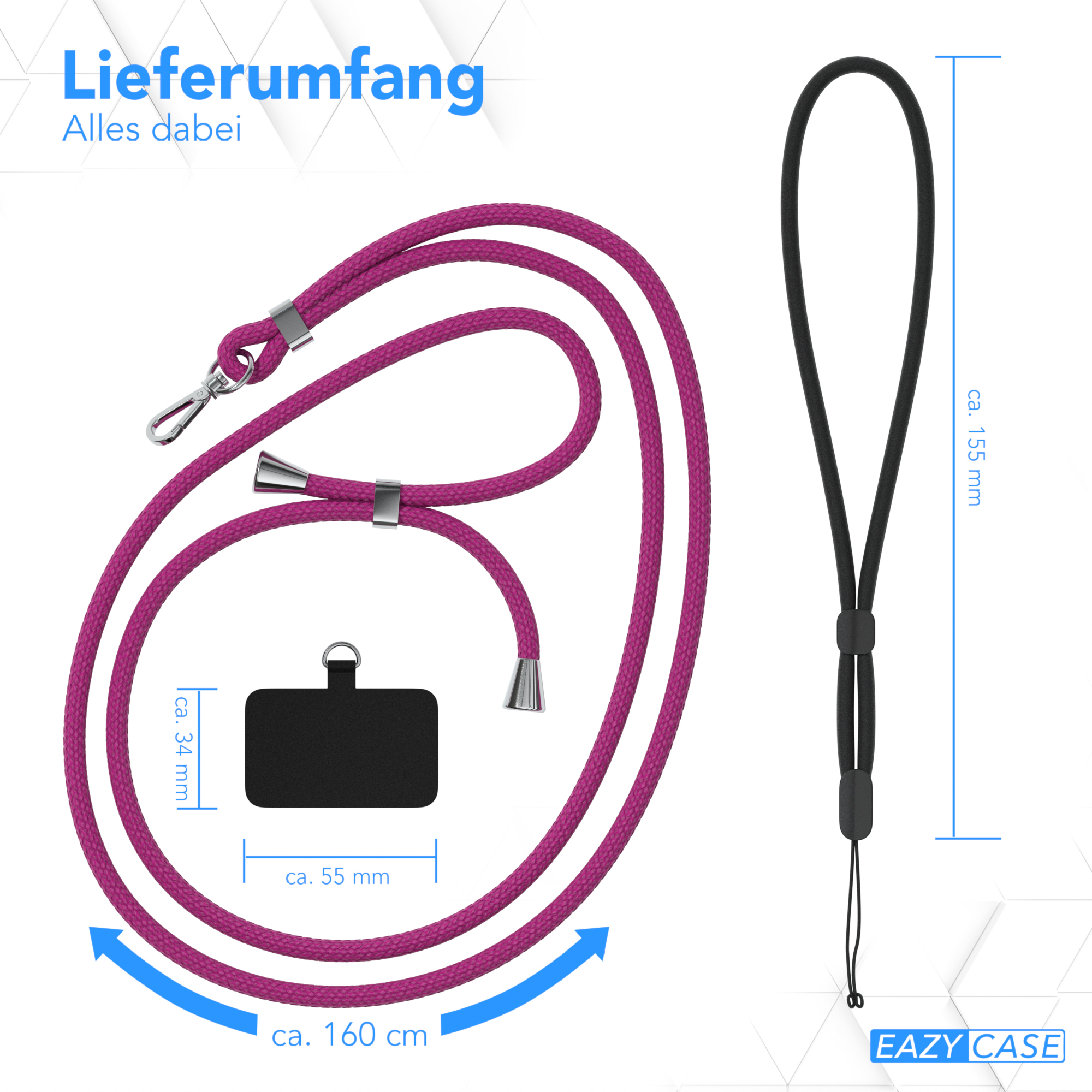 Ein rosa Handyband mit Maßen in cm. Es hat einen schwarzen Telefonhalter und einen silbernen Clip.