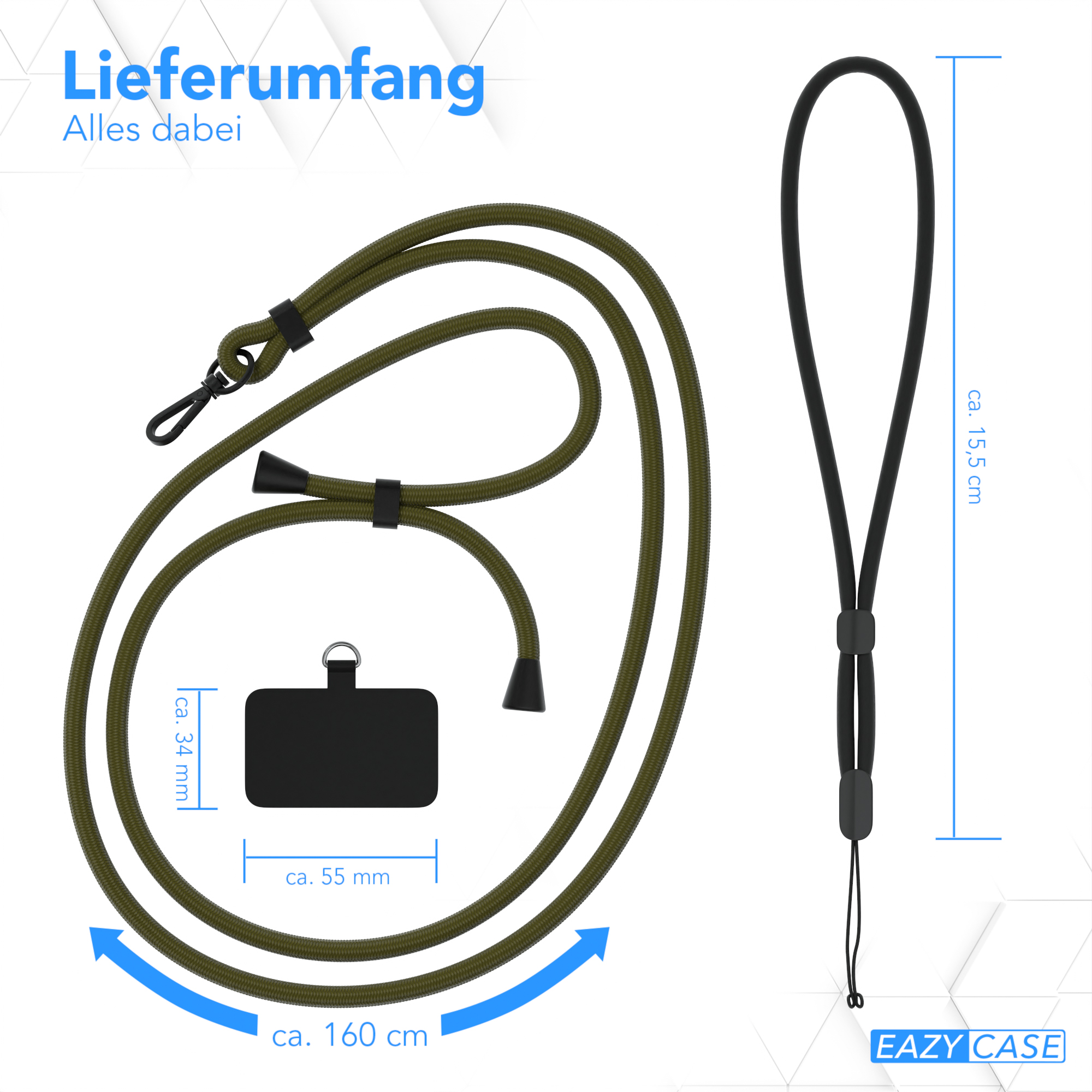 Olivgrünes Telefon-Lanyard mit Maßen. Es enthält einen Telefonhalter und einen schwarzen Riemen.
