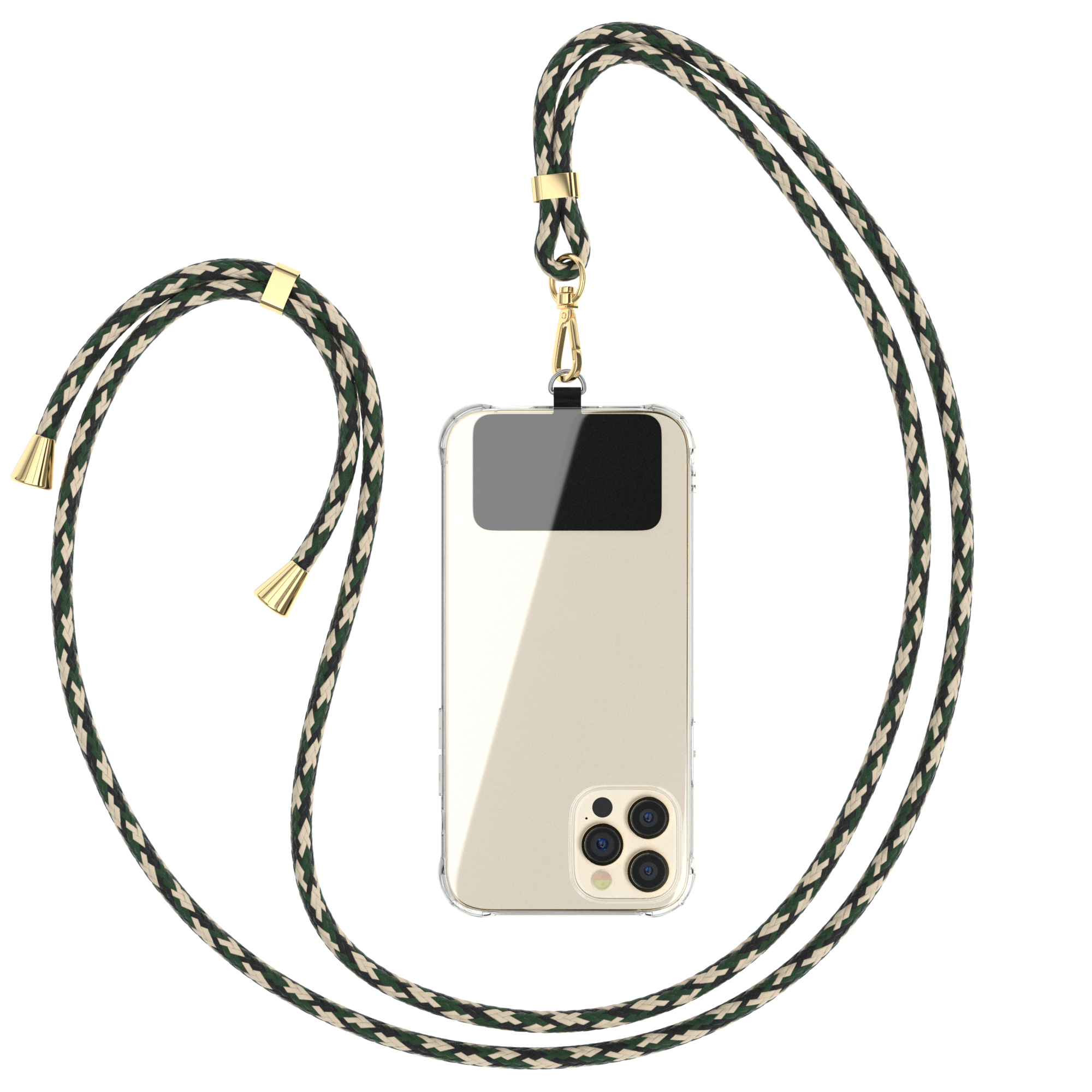 Transparente Handyhülle mit einem grün-weiß geflochtenen Lanyard auf weißem Hintergrund.