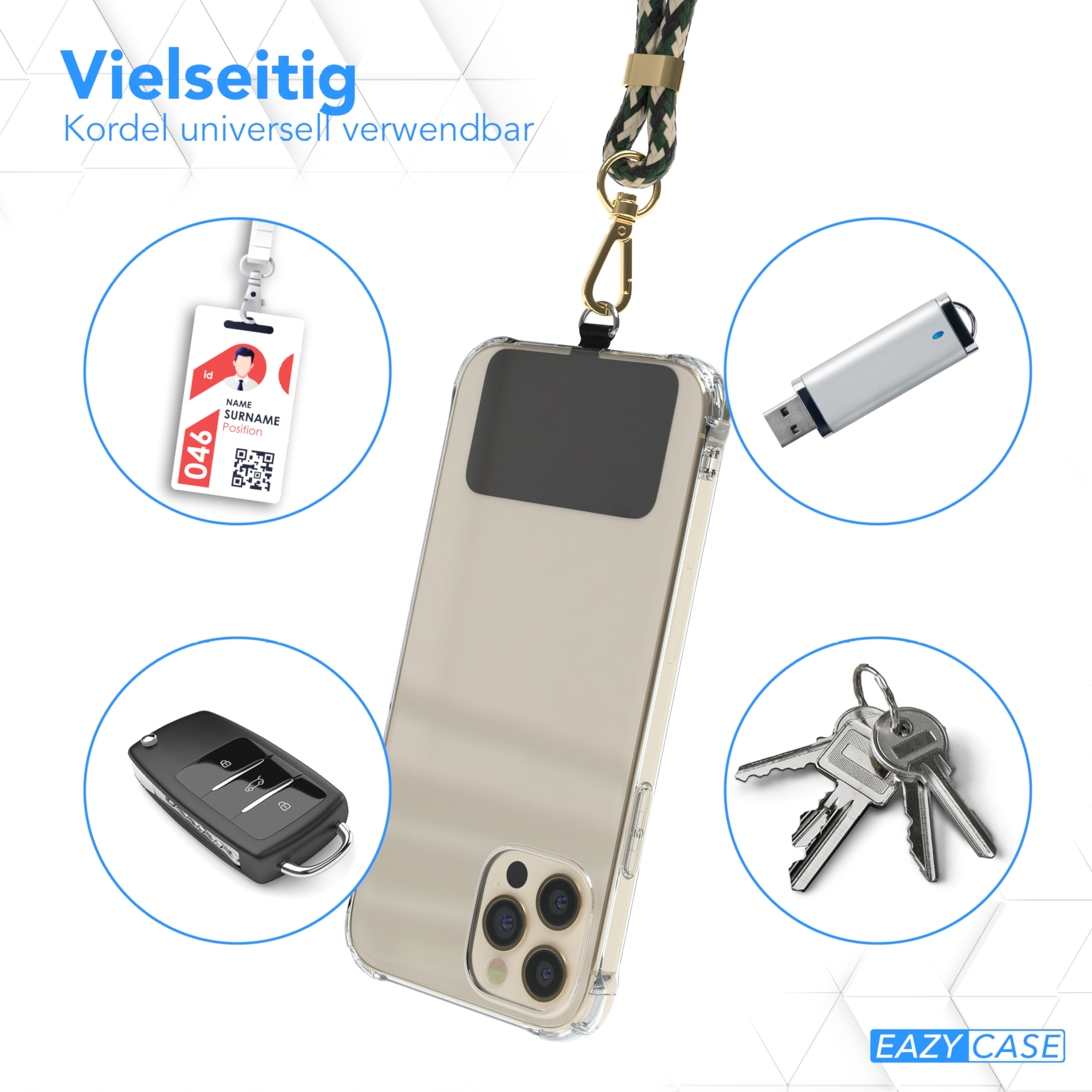Transparente Handyhülle mit Schlüsselband, Autoschlüssel, USB-Stick und Ausweis.