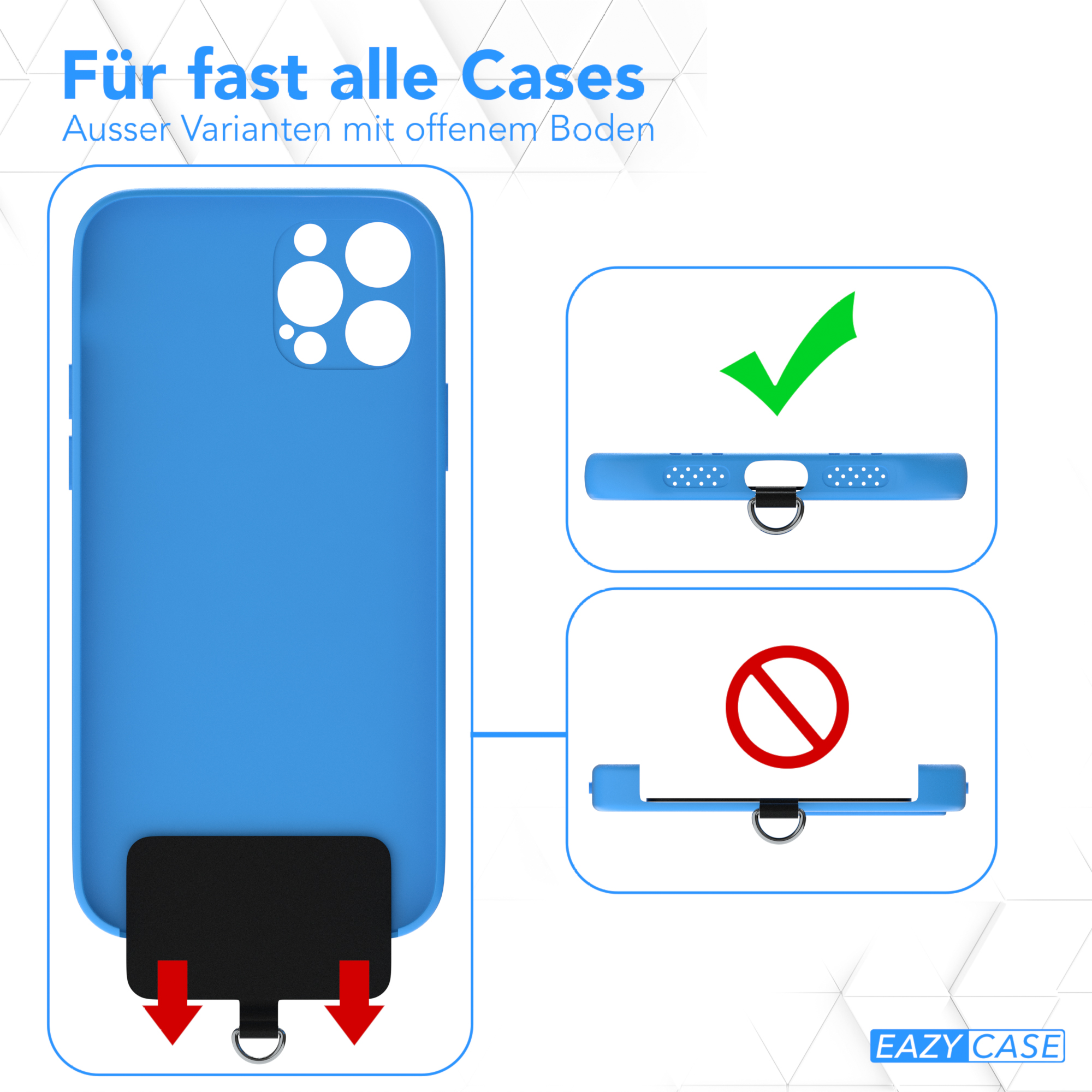 Blaue Handyhülle mit schwarzem Aufsatz. Bilder zeigen korrekte/inkorrekte Installation.